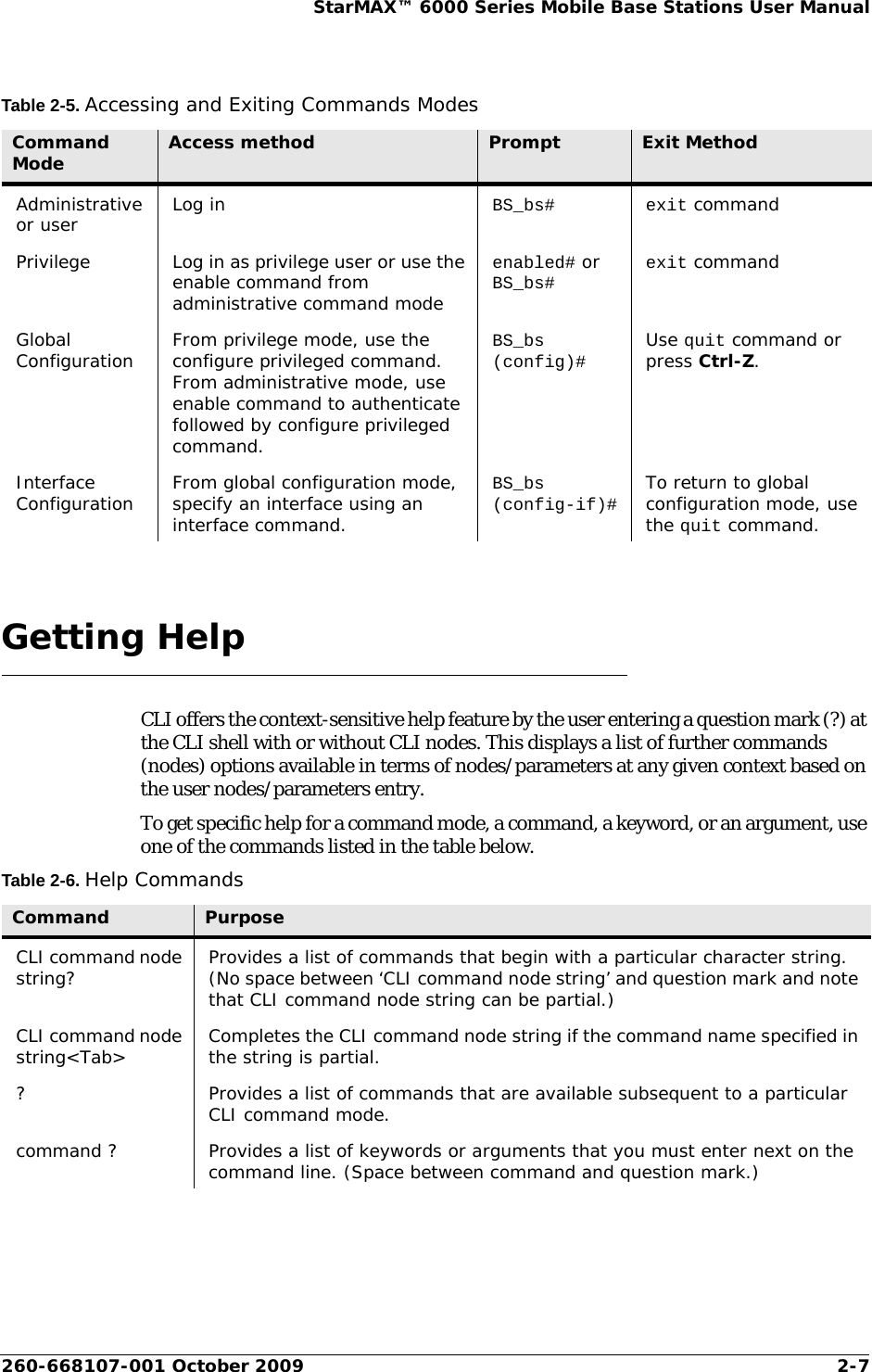 260-668107-001 October 2009 2-7StarMAX™ 6000 Series Mobile Base Stations User ManualTable 2-5. Accessing and Exiting Commands ModesGetting HelpCLI offers the context-sensitive help feature by the user entering a question mark (?) at the CLI shell with or without CLI nodes. This displays a list of further commands (nodes) options available in terms of nodes/parameters at any given context based on the user nodes/parameters entry.To get specific help for a command mode, a command, a keyword, or an argument, use one of the commands listed in the table below.Table 2-6. Help CommandsCommand Mode Access method Prompt Exit MethodAdministrative or user Log in BS_bs# exit commandPrivilege Log in as privilege user or use the enable command from administrative command modeenabled# or BS_bs#exit commandGlobal Configuration From privilege mode, use the configure privileged command. From administrative mode, use enable command to authenticate followed by configure privileged command.BS_bs (config)# Use quit command or press Ctrl-Z.Interface Configuration From global configuration mode, specify an interface using an interface command.BS_bs (config-if)# To return to global configuration mode, use the quit command.Command PurposeCLI command node string? Provides a list of commands that begin with a particular character string. (No space between ‘CLI command node string’ and question mark and note that CLI command node string can be partial.)CLI command node string&lt;Tab&gt; Completes the CLI command node string if the command name specified in the string is partial.? Provides a list of commands that are available subsequent to a particular CLI command mode.command ? Provides a list of keywords or arguments that you must enter next on the command line. (Space between command and question mark.)