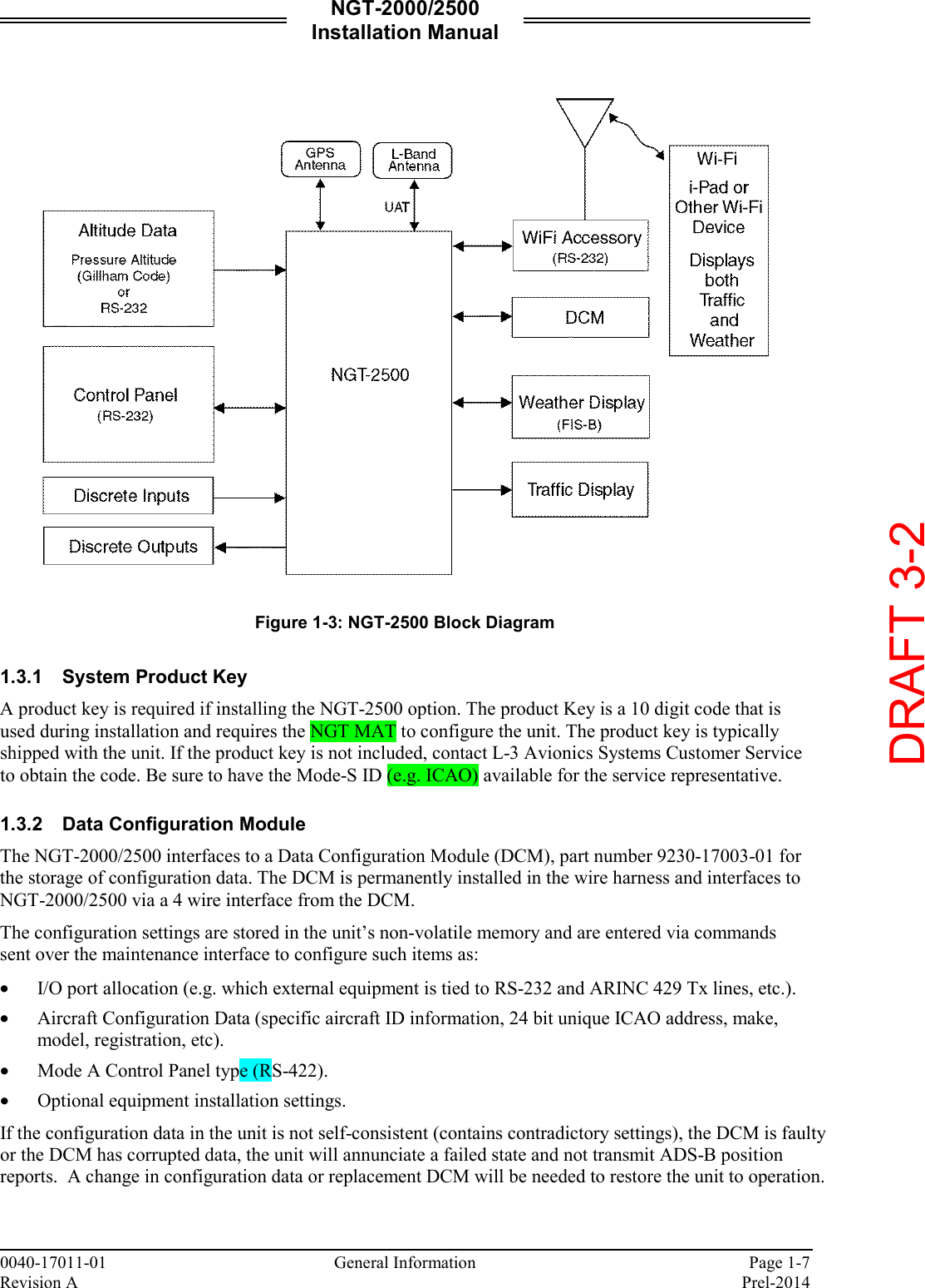 NGT-2000/2500 Installation Manual  0040-17011-01    General Information  Page 1-7 Revision A    Prel-2014    Figure 1-3: NGT-2500 Block Diagram  1.3.1 System Product Key A product key is required if installing the NGT-2500 option. The product Key is a 10 digit code that is used during installation and requires the NGT MAT to configure the unit. The product key is typically shipped with the unit. If the product key is not included, contact L-3 Avionics Systems Customer Service to obtain the code. Be sure to have the Mode-S ID (e.g. ICAO) available for the service representative.  1.3.2 Data Configuration Module The NGT-2000/2500 interfaces to a Data Configuration Module (DCM), part number 9230-17003-01 for the storage of configuration data. The DCM is permanently installed in the wire harness and interfaces to NGT-2000/2500 via a 4 wire interface from the DCM.   The configuration settings are stored in the unit’s non-volatile memory and are entered via commands sent over the maintenance interface to configure such items as:    • I/O port allocation (e.g. which external equipment is tied to RS-232 and ARINC 429 Tx lines, etc.). • Aircraft Configuration Data (specific aircraft ID information, 24 bit unique ICAO address, make, model, registration, etc). • Mode A Control Panel type (RS-422). • Optional equipment installation settings. If the configuration data in the unit is not self-consistent (contains contradictory settings), the DCM is faulty or the DCM has corrupted data, the unit will annunciate a failed state and not transmit ADS-B position reports.  A change in configuration data or replacement DCM will be needed to restore the unit to operation.    DRAFT 3-2