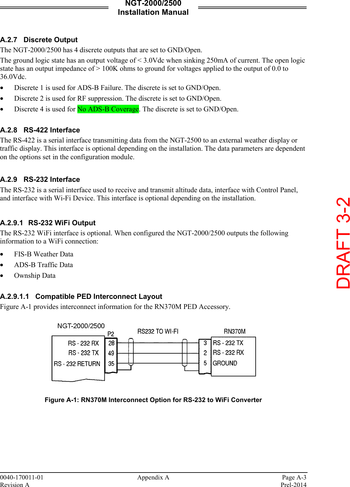 NGT-2000/2500 Installation Manual  0040-170011-01    Appendix A  Page A-3 Revision A    Prel-2014  A.2.7 Discrete Output The NGT-2000/2500 has 4 discrete outputs that are set to GND/Open.  The ground logic state has an output voltage of &lt; 3.0Vdc when sinking 250mA of current. The open logic state has an output impedance of &gt; 100K ohms to ground for voltages applied to the output of 0.0 to 36.0Vdc.  • Discrete 1 is used for ADS-B Failure. The discrete is set to GND/Open.   • Discrete 2 is used for RF suppression. The discrete is set to GND/Open. • Discrete 4 is used for No ADS-B Coverage. The discrete is set to GND/Open.  A.2.8 RS-422 Interface The RS-422 is a serial interface transmitting data from the NGT-2500 to an external weather display or traffic display. This interface is optional depending on the installation. The data parameters are dependent on the options set in the configuration module.   A.2.9 RS-232 Interface The RS-232 is a serial interface used to receive and transmit altitude data, interface with Control Panel, and interface with Wi-Fi Device. This interface is optional depending on the installation.  A.2.9.1 RS-232 WiFi Output  The RS-232 WiFi interface is optional. When configured the NGT-2000/2500 outputs the following information to a WiFi connection:  • FIS-B Weather Data • ADS-B Traffic Data • Ownship Data   A.2.9.1.1 Compatible PED Interconnect Layout Figure A-1 provides interconnect information for the RN370M PED Accessory.     Figure A-1: RN370M Interconnect Option for RS-232 to WiFi Converter      DRAFT 3-2
