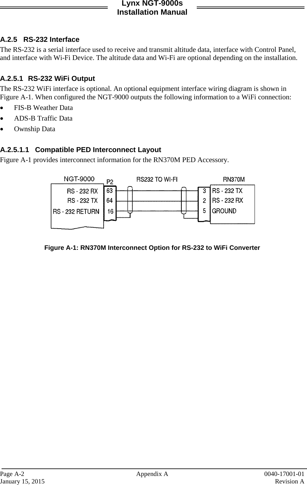 Lynx NGT-9000s Installation Manual   A.2.5 RS-232 Interface The RS-232 is a serial interface used to receive and transmit altitude data, interface with Control Panel, and interface with Wi-Fi Device. The altitude data and Wi-Fi are optional depending on the installation.  A.2.5.1 RS-232 WiFi Output  The RS-232 WiFi interface is optional. An optional equipment interface wiring diagram is shown in Figure A-1. When configured the NGT-9000 outputs the following information to a WiFi connection:  • FIS-B Weather Data • ADS-B Traffic Data • Ownship Data   A.2.5.1.1 Compatible PED Interconnect Layout Figure A-1 provides interconnect information for the RN370M PED Accessory.     Figure A-1: RN370M Interconnect Option for RS-232 to WiFi Converter      Page A-2  Appendix A 0040-17001-01 January 15, 2015 Revision A 