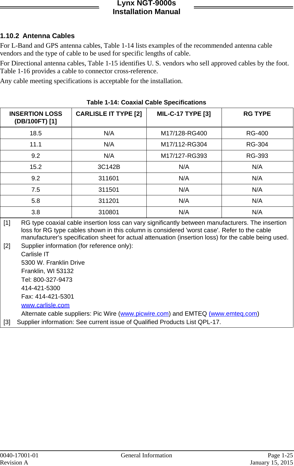 Lynx NGT-9000s Installation Manual   1.10.2 Antenna Cables For L-Band and GPS antenna cables, Table 1-14 lists examples of the recommended antenna cable vendors and the type of cable to be used for specific lengths of cable.  For Directional antenna cables, Table 1-15 identifies U. S. vendors who sell approved cables by the foot. Table 1-16 provides a cable to connector cross-reference. Any cable meeting specifications is acceptable for the installation.  Table 1-14: Coaxial Cable Specifications INSERTION LOSS (DB/100FT) [1] CARLISLE IT TYPE [2] MIL-C-17 TYPE [3] RG TYPE 18.5 N/A M17/128-RG400 RG-400 11.1 N/A M17/112-RG304 RG-304 9.2 N/A M17/127-RG393 RG-393 15.2 3C142B N/A N/A 9.2 311601 N/A N/A 7.5 311501 N/A N/A 5.8 311201 N/A N/A 3.8 310801 N/A N/A [1]     RG type coaxial cable insertion loss can vary significantly between manufacturers. The insertion loss for RG type cables shown in this column is considered &apos;worst case&apos;. Refer to the cable manufacturer&apos;s specification sheet for actual attenuation (insertion loss) for the cable being used. [2]     Supplier information (for reference only):     Carlisle IT 5300 W. Franklin Drive Franklin, WI 53132 Tel: 800-327-9473 414-421-5300 Fax: 414-421-5301 www.carlisle.com Alternate cable suppliers: Pic Wire (www.picwire.com) and EMTEQ (www.emteq.com) [3]  Supplier information: See current issue of Qualified Products List QPL-17.        0040-17001-01    General Information Page 1-25 Revision A     January 15, 2015 