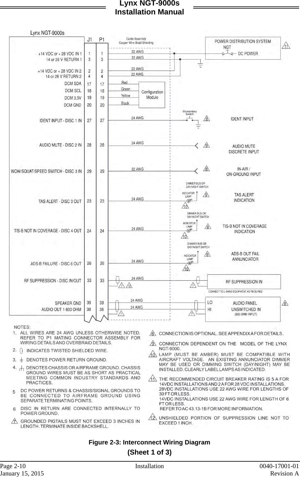 Lynx NGT-9000s Installation Manual     Figure 2-3: Interconnect Wiring Diagram  (Sheet 1 of 3)   Page 2-10 Installation 0040-17001-01 January 15, 2015    Revision A  