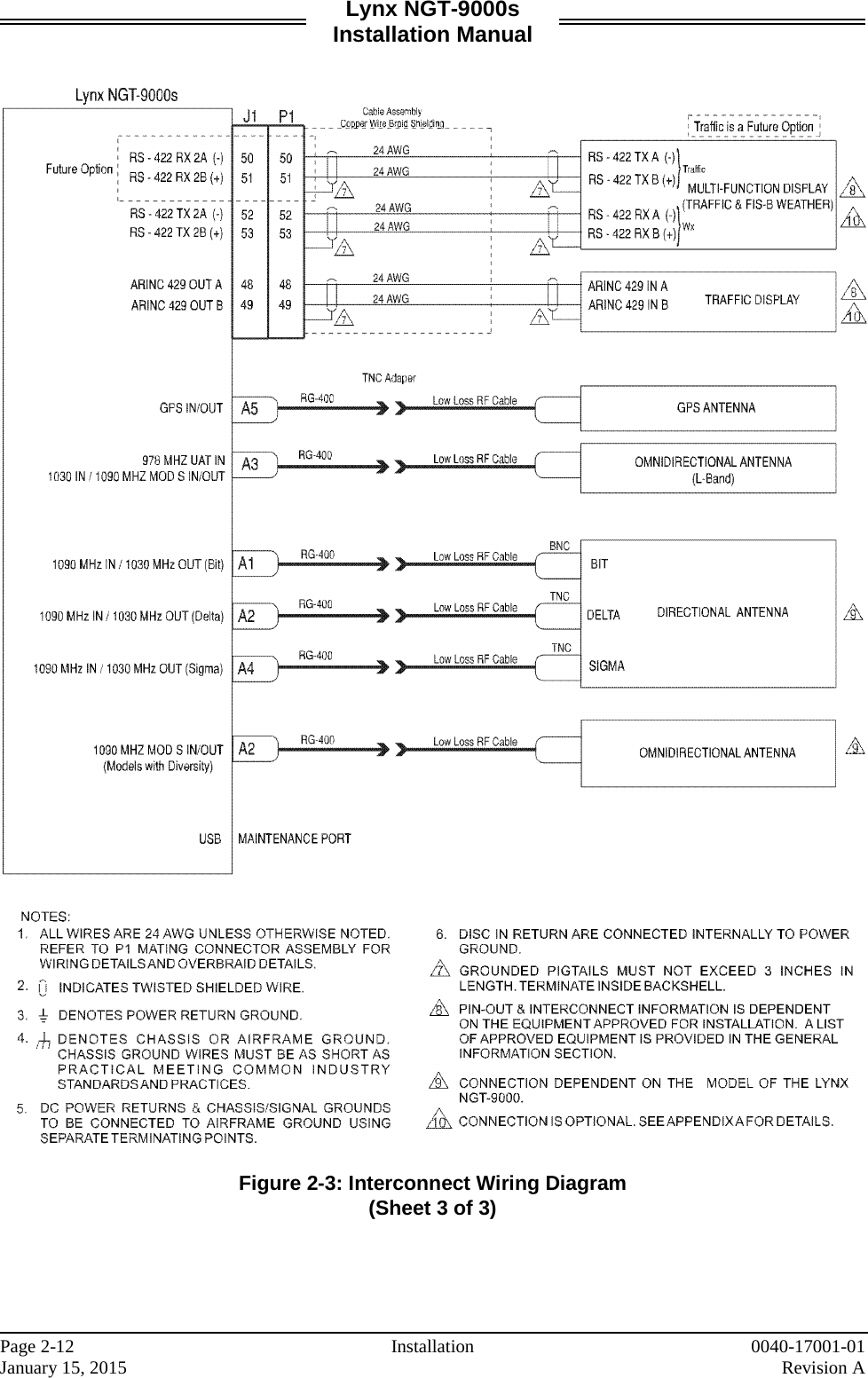 Lynx NGT-9000s Installation Manual     Figure 2-3: Interconnect Wiring Diagram (Sheet 3 of 3)    Page 2-12 Installation 0040-17001-01 January 15, 2015    Revision A  