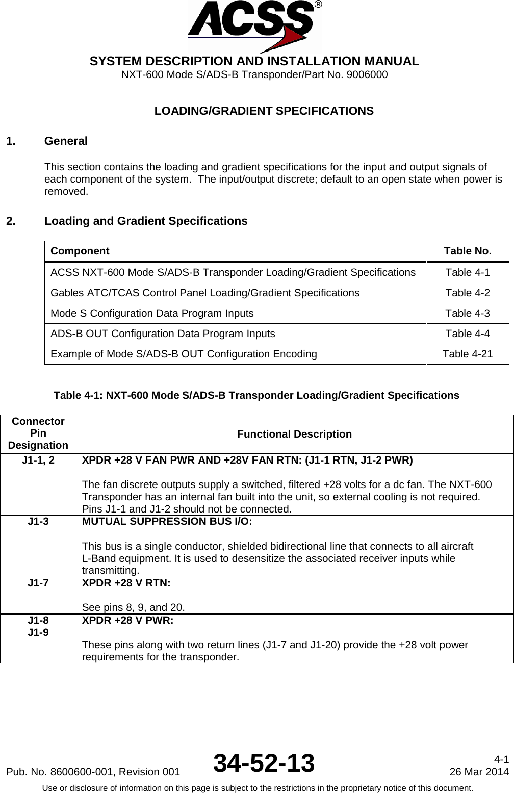 SYSTEM DESCRIPTION AND INSTALLATION MANUAL NXT-600 Mode S/ADS-B Transponder/Part No. 9006000  LOADING/GRADIENT SPECIFICATIONS 1. General This section contains the loading and gradient specifications for the input and output signals of each component of the system.  The input/output discrete; default to an open state when power is removed. 2. Loading and Gradient Specifications Component Table No. ACSS NXT-600 Mode S/ADS-B Transponder Loading/Gradient Specifications Table 4-1 Gables ATC/TCAS Control Panel Loading/Gradient Specifications Table 4-2 Mode S Configuration Data Program Inputs Table 4-3 ADS-B OUT Configuration Data Program Inputs Table 4-4 Example of Mode S/ADS-B OUT Configuration Encoding Table 4-21  Table 4-1: NXT-600 Mode S/ADS-B Transponder Loading/Gradient Specifications Connector Pin Designation Functional Description J1-1, 2 XPDR +28 V FAN PWR AND +28V FAN RTN: (J1-1 RTN, J1-2 PWR)  The fan discrete outputs supply a switched, filtered +28 volts for a dc fan. The NXT-600 Transponder has an internal fan built into the unit, so external cooling is not required. Pins J1-1 and J1-2 should not be connected. J1-3 MUTUAL SUPPRESSION BUS I/O:  This bus is a single conductor, shielded bidirectional line that connects to all aircraft L-Band equipment. It is used to desensitize the associated receiver inputs while transmitting. J1-7 XPDR +28 V RTN:  See pins 8, 9, and 20. J1-8 J1-9 XPDR +28 V PWR:  These pins along with two return lines (J1-7 and J1-20) provide the +28 volt power requirements for the transponder.  Pub. No. 8600600-001, Revision 001 34-52-13 4-1 26 Mar 2014 Use or disclosure of information on this page is subject to the restrictions in the proprietary notice of this document.  
