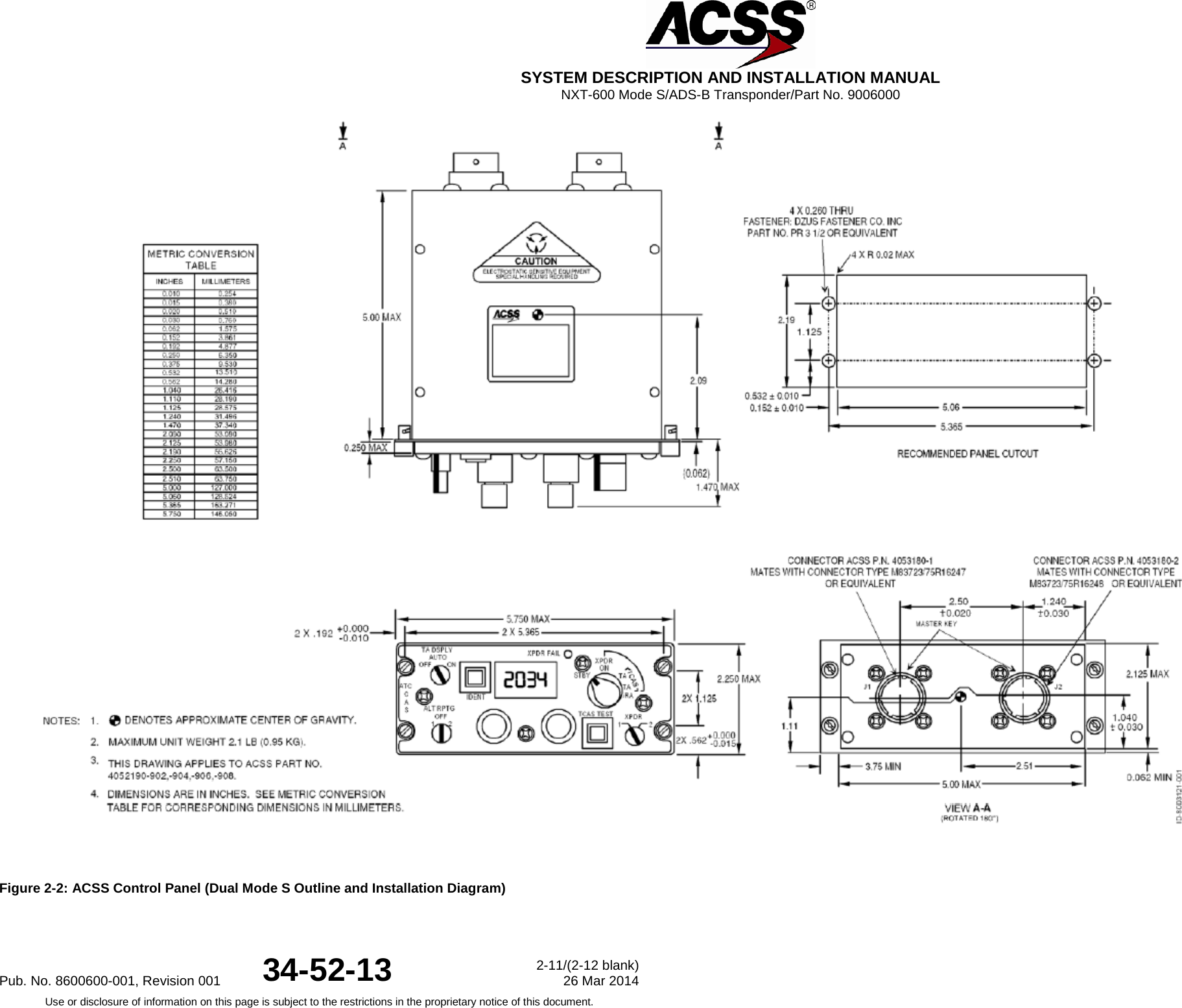  SYSTEM DESCRIPTION AND INSTALLATION MANUAL NXT-600 Mode S/ADS-B Transponder/Part No. 9006000  Figure 2-2: ACSS Control Panel (Dual Mode S Outline and Installation Diagram)Pub. No. 8600600-001, Revision 001 34-52-13 2-11/(2-12 blank) 26 Mar 2014 Use or disclosure of information on this page is subject to the restrictions in the proprietary notice of this document.  