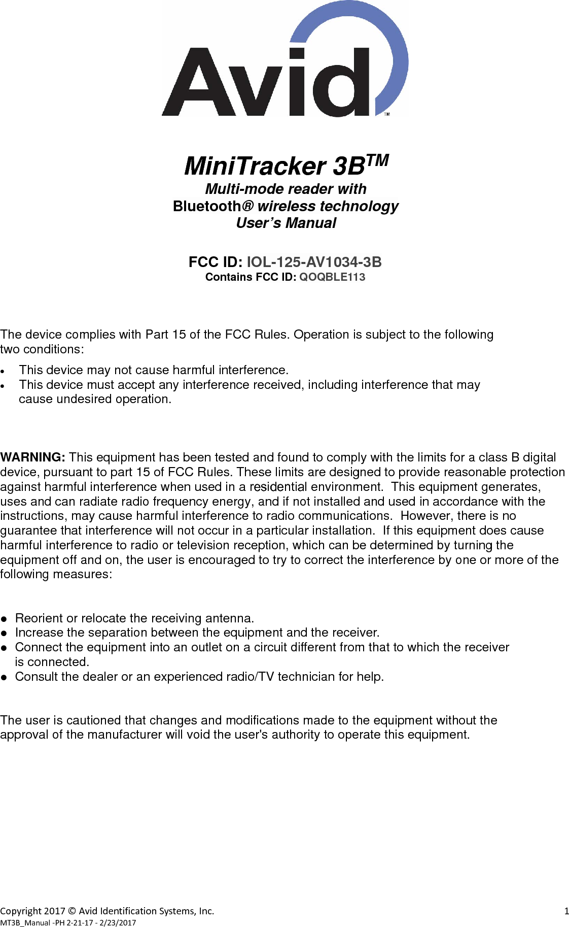 Copyright 2016 &copy; Avid Identification Systems, Inc.    2 MT3B_Manual -PH 12-16-16.docx - 12/16/2016  