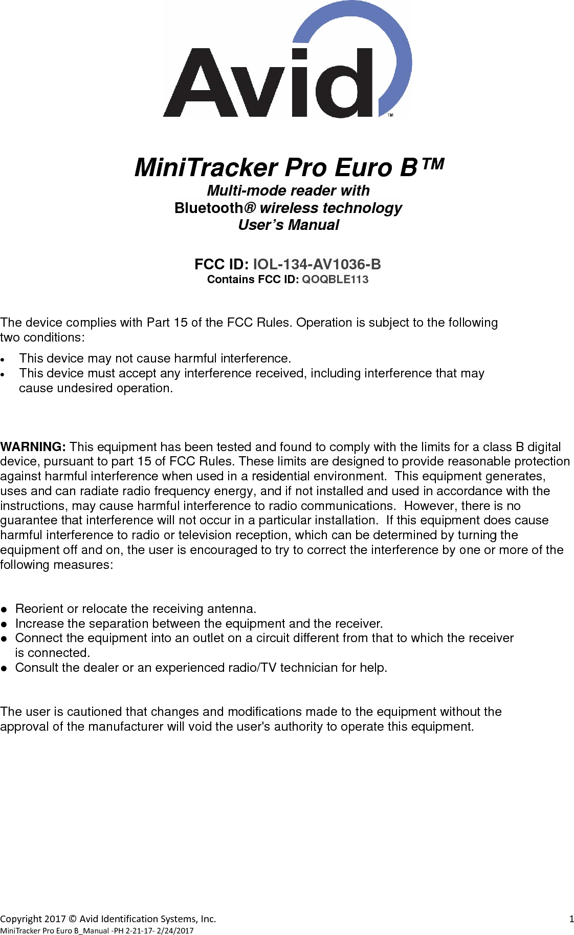  Copyright2017&copy;AvidIdentificationSystems,Inc. 2MiniTrackerProEuroB_Manual‐PH2‐21‐17‐2/24/2017 