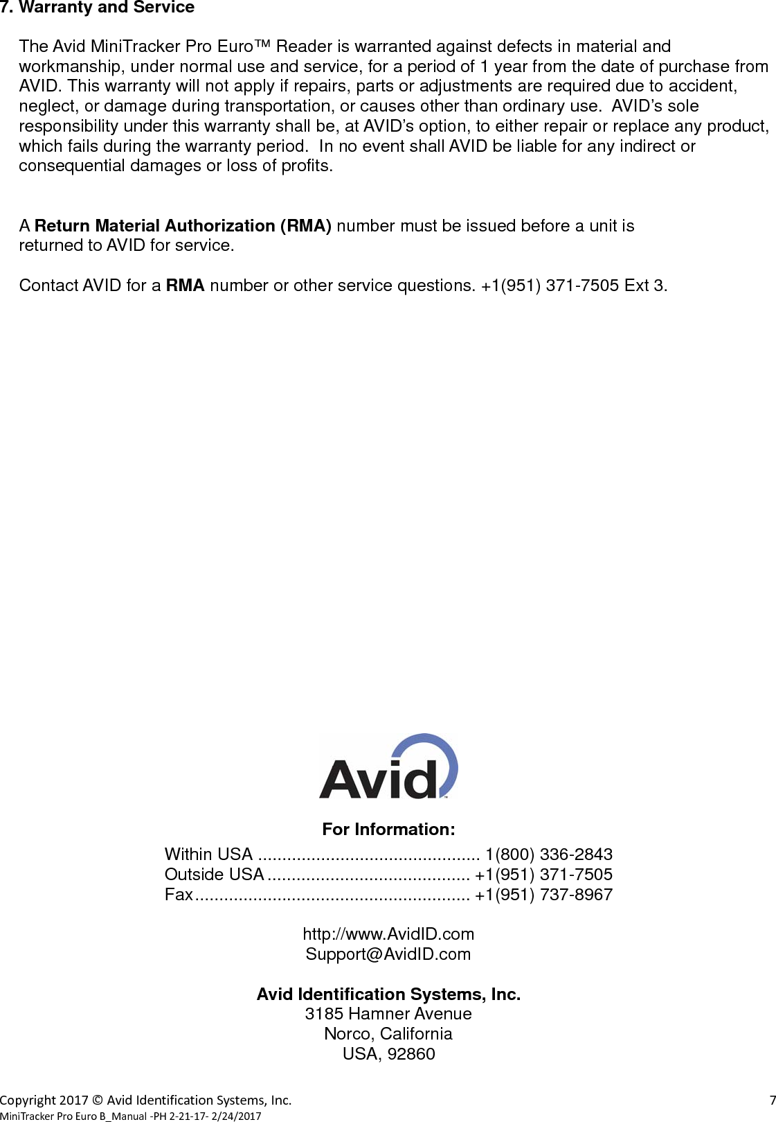  Copyright2017&copy;AvidIdentificationSystems,Inc. 8MiniTrackerProEuroB_Manual‐PH2‐21‐17‐2/24/2017                                                            