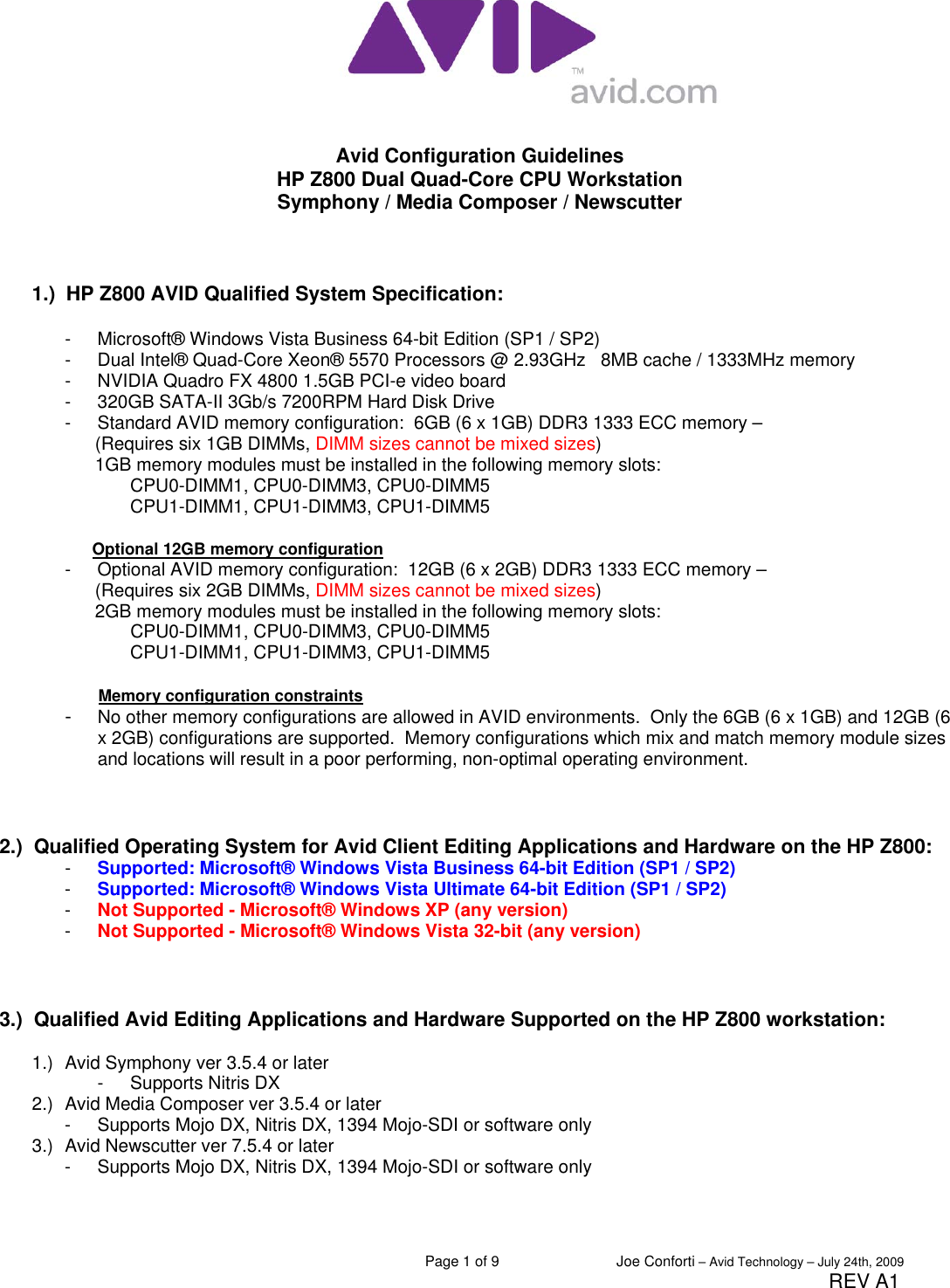 Page 1 of 9 - Avid-Technology Avid-Technology-Hp-Z800-Users-Manual- Avid Configuration Guidelines  Avid-technology-hp-z800-users-manual