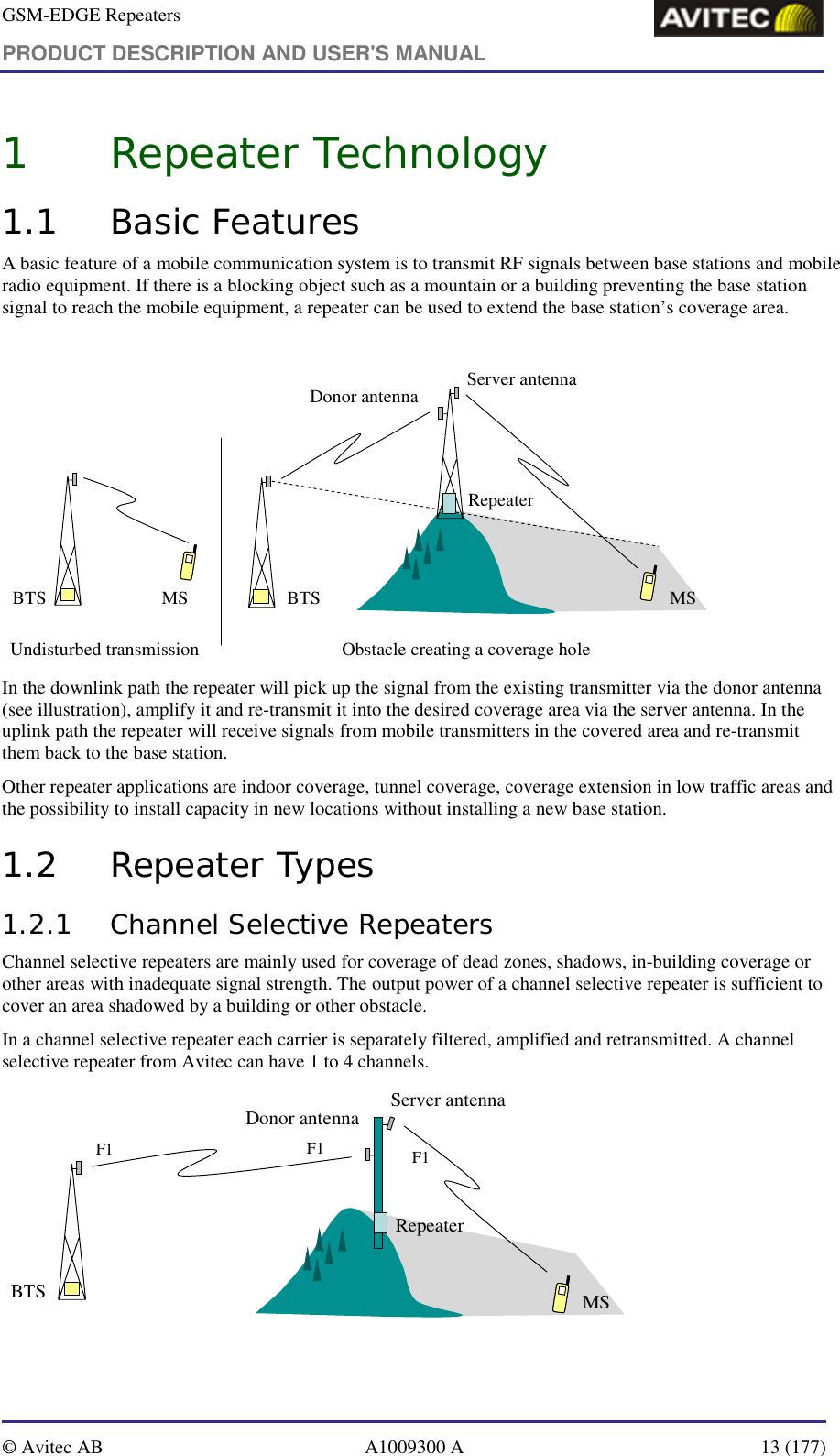 GSM-EDGE Repeaters PRODUCT DESCRIPTION AND USER&apos;S MANUAL   © Avitec AB  A1009300 A  13 (177)  1 Repeater Technology 1.1 Basic Features A basic feature of a mobile communication system is to transmit RF signals between base stations and mobile radio equipment. If there is a blocking object such as a mountain or a building preventing the base station signal to reach the mobile equipment, a repeater can be used to extend the base station’s coverage area.   RepeaterBTS BTSDonor antenna Server antennaUndisturbed transmission Obstacle creating a coverage hole  MS MS In the downlink path the repeater will pick up the signal from the existing transmitter via the donor antenna (see illustration), amplify it and re-transmit it into the desired coverage area via the server antenna. In the uplink path the repeater will receive signals from mobile transmitters in the covered area and re-transmit them back to the base station. Other repeater applications are indoor coverage, tunnel coverage, coverage extension in low traffic areas and the possibility to install capacity in new locations without installing a new base station. 1.2 Repeater Types 1.2.1 Channel Selective Repeaters Channel selective repeaters are mainly used for coverage of dead zones, shadows, in-building coverage or other areas with inadequate signal strength. The output power of a channel selective repeater is sufficient to cover an area shadowed by a building or other obstacle.  In a channel selective repeater each carrier is separately filtered, amplified and retransmitted. A channel selective repeater from Avitec can have 1 to 4 channels. BTSDonor antenna Server antennaF1 F1 F1RepeaterMS  