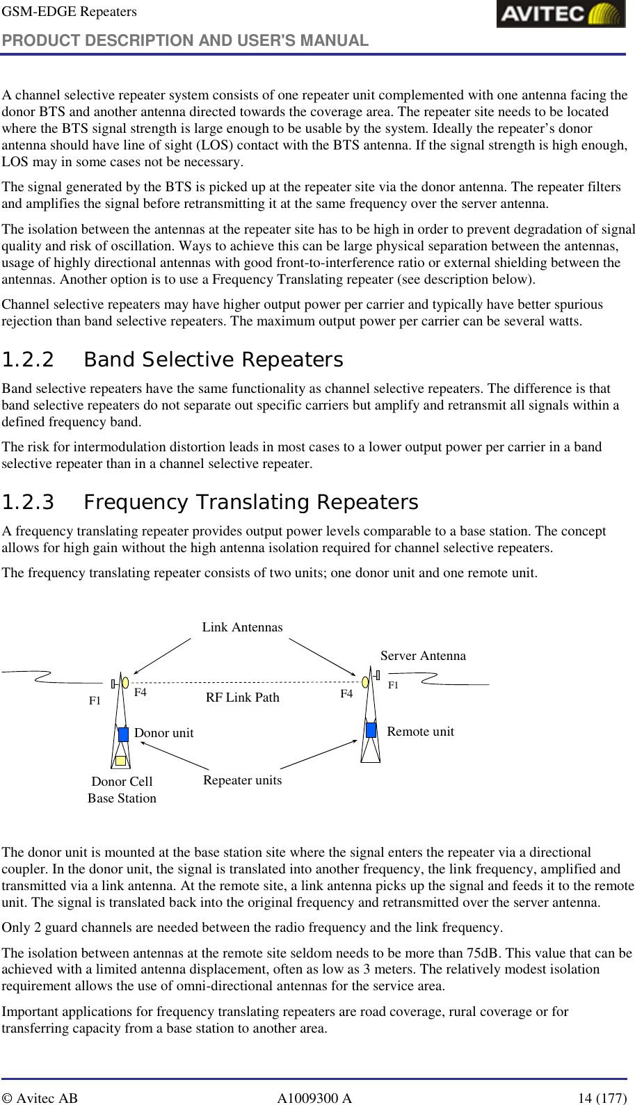 GSM-EDGE Repeaters PRODUCT DESCRIPTION AND USER&apos;S MANUAL   © Avitec AB  A1009300 A  14 (177)  A channel selective repeater system consists of one repeater unit complemented with one antenna facing the donor BTS and another antenna directed towards the coverage area. The repeater site needs to be located where the BTS signal strength is large enough to be usable by the system. Ideally the repeater’s donor antenna should have line of sight (LOS) contact with the BTS antenna. If the signal strength is high enough, LOS may in some cases not be necessary. The signal generated by the BTS is picked up at the repeater site via the donor antenna. The repeater filters and amplifies the signal before retransmitting it at the same frequency over the server antenna.  The isolation between the antennas at the repeater site has to be high in order to prevent degradation of signal quality and risk of oscillation. Ways to achieve this can be large physical separation between the antennas, usage of highly directional antennas with good front-to-interference ratio or external shielding between the antennas. Another option is to use a Frequency Translating repeater (see description below). Channel selective repeaters may have higher output power per carrier and typically have better spurious rejection than band selective repeaters. The maximum output power per carrier can be several watts. 1.2.2 Band Selective Repeaters Band selective repeaters have the same functionality as channel selective repeaters. The difference is that band selective repeaters do not separate out specific carriers but amplify and retransmit all signals within a defined frequency band.  The risk for intermodulation distortion leads in most cases to a lower output power per carrier in a band selective repeater than in a channel selective repeater. 1.2.3 Frequency Translating Repeaters A frequency translating repeater provides output power levels comparable to a base station. The concept allows for high gain without the high antenna isolation required for channel selective repeaters. The frequency translating repeater consists of two units; one donor unit and one remote unit.  Donor Cell Base StationRemote unitServer AntennaF4 F4F1Donor unitRF Link PathF1Link AntennasRepeater units  The donor unit is mounted at the base station site where the signal enters the repeater via a directional coupler. In the donor unit, the signal is translated into another frequency, the link frequency, amplified and transmitted via a link antenna. At the remote site, a link antenna picks up the signal and feeds it to the remote unit. The signal is translated back into the original frequency and retransmitted over the server antenna.  Only 2 guard channels are needed between the radio frequency and the link frequency.  The isolation between antennas at the remote site seldom needs to be more than 75dB. This value that can be achieved with a limited antenna displacement, often as low as 3 meters. The relatively modest isolation requirement allows the use of omni-directional antennas for the service area. Important applications for frequency translating repeaters are road coverage, rural coverage or for transferring capacity from a base station to another area. 