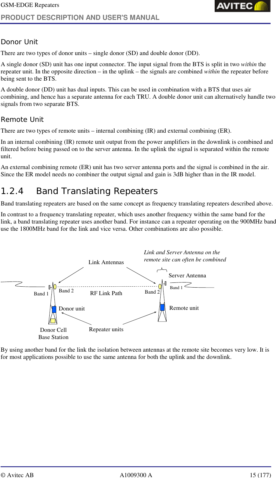 GSM-EDGE Repeaters PRODUCT DESCRIPTION AND USER&apos;S MANUAL   © Avitec AB  A1009300 A  15 (177)  Donor Unit There are two types of donor units – single donor (SD) and double donor (DD).  A single donor (SD) unit has one input connector. The input signal from the BTS is split in two within the repeater unit. In the opposite direction – in the uplink – the signals are combined within the repeater before being sent to the BTS. A double donor (DD) unit has dual inputs. This can be used in combination with a BTS that uses air combining, and hence has a separate antenna for each TRU. A double donor unit can alternatively handle two signals from two separate BTS. Remote Unit There are two types of remote units – internal combining (IR) and external combining (ER). In an internal combining (IR) remote unit output from the power amplifiers in the downlink is combined and filtered before being passed on to the server antenna. In the uplink the signal is separated within the remote unit. An external combining remote (ER) unit has two server antenna ports and the signal is combined in the air. Since the ER model needs no combiner the output signal and gain is 3dB higher than in the IR model. 1.2.4 Band Translating Repeaters Band translating repeaters are based on the same concept as frequency translating repeaters described above.  In contrast to a frequency translating repeater, which uses another frequency within the same band for the link, a band translating repeater uses another band. For instance can a repeater operating on the 900MHz band use the 1800MHz band for the link and vice versa. Other combinations are also possible.  Donor Cell Base StationRemote unitServer AntennaBand 2 Band 2Band 1Donor unitRF Link PathBand 1Link AntennasRepeater unitsLink and Server Antenna on the remote site can often be combined By using another band for the link the isolation between antennas at the remote site becomes very low. It is for most applications possible to use the same antenna for both the uplink and the downlink. 