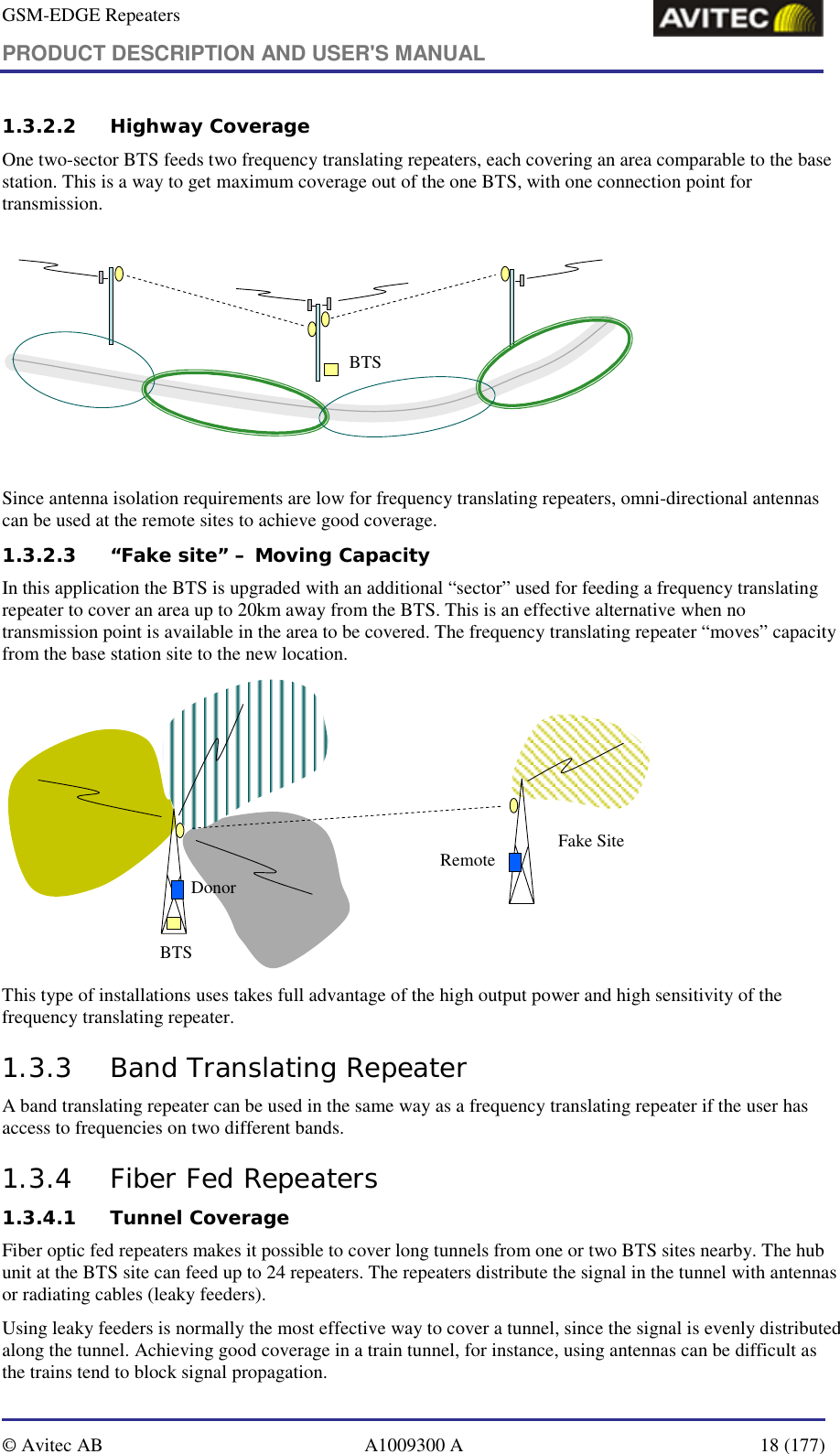 GSM-EDGE Repeaters PRODUCT DESCRIPTION AND USER&apos;S MANUAL   © Avitec AB  A1009300 A  18 (177)  1.3.2.2 Highway Coverage One two-sector BTS feeds two frequency translating repeaters, each covering an area comparable to the base station. This is a way to get maximum coverage out of the one BTS, with one connection point for transmission.  BTS  Since antenna isolation requirements are low for frequency translating repeaters, omni-directional antennas can be used at the remote sites to achieve good coverage. 1.3.2.3 “Fake site” – Moving Capacity In this application the BTS is upgraded with an additional “sector” used for feeding a frequency translating repeater to cover an area up to 20km away from the BTS. This is an effective alternative when no transmission point is available in the area to be covered. The frequency translating repeater “moves” capacity from the base station site to the new location.  BTSRemoteDonorFake Site This type of installations uses takes full advantage of the high output power and high sensitivity of the frequency translating repeater. 1.3.3 Band Translating Repeater A band translating repeater can be used in the same way as a frequency translating repeater if the user has access to frequencies on two different bands. 1.3.4 Fiber Fed Repeaters 1.3.4.1 Tunnel Coverage  Fiber optic fed repeaters makes it possible to cover long tunnels from one or two BTS sites nearby. The hub unit at the BTS site can feed up to 24 repeaters. The repeaters distribute the signal in the tunnel with antennas or radiating cables (leaky feeders). Using leaky feeders is normally the most effective way to cover a tunnel, since the signal is evenly distributed along the tunnel. Achieving good coverage in a train tunnel, for instance, using antennas can be difficult as the trains tend to block signal propagation.  