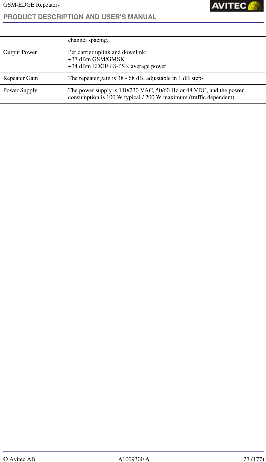 GSM-EDGE Repeaters PRODUCT DESCRIPTION AND USER&apos;S MANUAL   © Avitec AB  A1009300 A  27 (177)  channel spacing. Output Power  Per carrier uplink and downlink:  +37 dBm GSM/GMSK  +34 dBm EDGE / 8-PSK average power  Repeater Gain  The repeater gain is 38 - 68 dB, adjustable in 1 dB steps Power Supply  The power supply is 110/230 VAC, 50/60 Hz or 48 VDC, and the power consumption is 100 W typical / 200 W maximum (traffic dependent)  