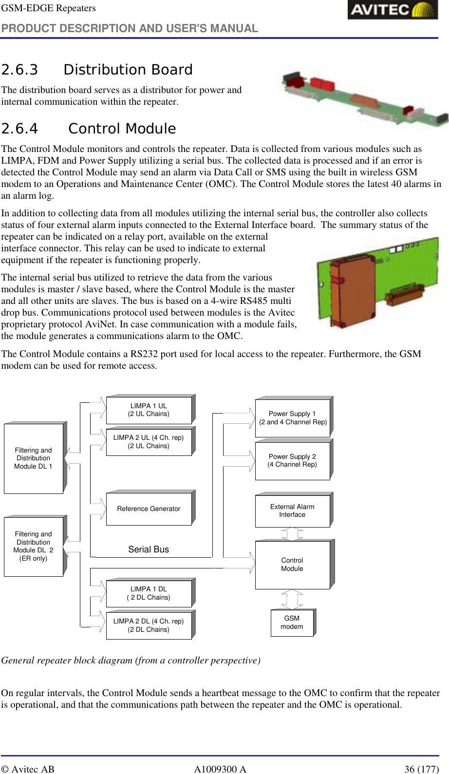 GSM-EDGE Repeaters PRODUCT DESCRIPTION AND USER&apos;S MANUAL   © Avitec AB  A1009300 A  36 (177)  2.6.3  Distribution Board The distribution board serves as a distributor for power and internal communication within the repeater. 2.6.4   Control Module  The Control Module monitors and controls the repeater. Data is collected from various modules such as LIMPA, FDM and Power Supply utilizing a serial bus. The collected data is processed and if an error is detected the Control Module may send an alarm via Data Call or SMS using the built in wireless GSM modem to an Operations and Maintenance Center (OMC). The Control Module stores the latest 40 alarms in an alarm log. In addition to collecting data from all modules utilizing the internal serial bus, the controller also collects status of four external alarm inputs connected to the External Interface board.  The summary status of the repeater can be indicated on a relay port, available on the external interface connector. This relay can be used to indicate to external equipment if the repeater is functioning properly.  The internal serial bus utilized to retrieve the data from the various modules is master / slave based, where the Control Module is the master and all other units are slaves. The bus is based on a 4-wire RS485 multi drop bus. Communications protocol used between modules is the Avitec proprietary protocol AviNet. In case communication with a module fails, the module generates a communications alarm to the OMC.  The Control Module contains a RS232 port used for local access to the repeater. Furthermore, the GSM modem can be used for remote access.  Power Supply 2(4 Channel Rep)LIMPA 1 UL(2 UL Chains)LIMPA 2 UL (4 Ch. rep)(2 UL Chains)LIMPA 1 DL( 2 DL Chains)LIMPA 2 DL (4 Ch. rep)(2 DL Chains)Power Supply 1 (2 and 4 Channel Rep)Reference GeneratorFiltering andDistributionModule DL 1Filtering andDistributionModule DL  2(ER only) ControlModuleSerial BusGSMmodemExternal AlarmInterface General repeater block diagram (from a controller perspective)   On regular intervals, the Control Module sends a heartbeat message to the OMC to confirm that the repeater is operational, and that the communications path between the repeater and the OMC is operational. 