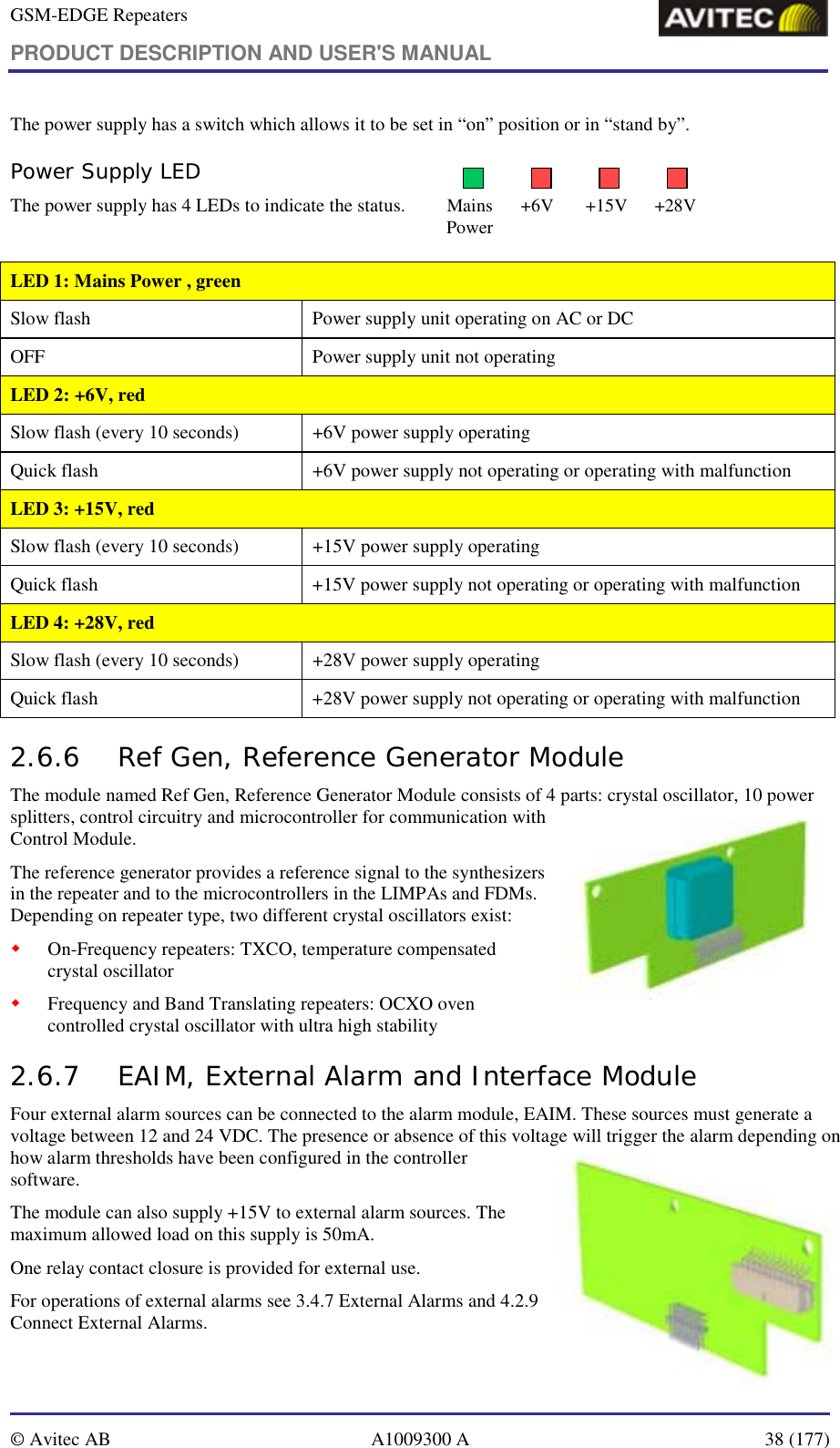 GSM-EDGE Repeaters PRODUCT DESCRIPTION AND USER&apos;S MANUAL   © Avitec AB  A1009300 A  38 (177)  The power supply has a switch which allows it to be set in “on” position or in “stand by”. Power Supply LED The power supply has 4 LEDs to indicate the status.   LED 1: Mains Power , green  Slow flash  Power supply unit operating on AC or DC OFF  Power supply unit not operating LED 2: +6V, red Slow flash (every 10 seconds)  +6V power supply operating Quick flash  +6V power supply not operating or operating with malfunction LED 3: +15V, red  Slow flash (every 10 seconds)  +15V power supply operating Quick flash  +15V power supply not operating or operating with malfunction LED 4: +28V, red Slow flash (every 10 seconds)  +28V power supply operating Quick flash  +28V power supply not operating or operating with malfunction 2.6.6 Ref Gen, Reference Generator Module The module named Ref Gen, Reference Generator Module consists of 4 parts: crystal oscillator, 10 power splitters, control circuitry and microcontroller for communication with Control Module. The reference generator provides a reference signal to the synthesizers in the repeater and to the microcontrollers in the LIMPAs and FDMs. Depending on repeater type, two different crystal oscillators exist: ! On-Frequency repeaters: TXCO, temperature compensated crystal oscillator ! Frequency and Band Translating repeaters: OCXO oven controlled crystal oscillator with ultra high stability  2.6.7 EAIM, External Alarm and Interface Module Four external alarm sources can be connected to the alarm module, EAIM. These sources must generate a voltage between 12 and 24 VDC. The presence or absence of this voltage will trigger the alarm depending on how alarm thresholds have been configured in the controller software. The module can also supply +15V to external alarm sources. The maximum allowed load on this supply is 50mA. One relay contact closure is provided for external use.  For operations of external alarms see 3.4.7 External Alarms and 4.2.9 Connect External Alarms. Mains Power +6V +15V +28V