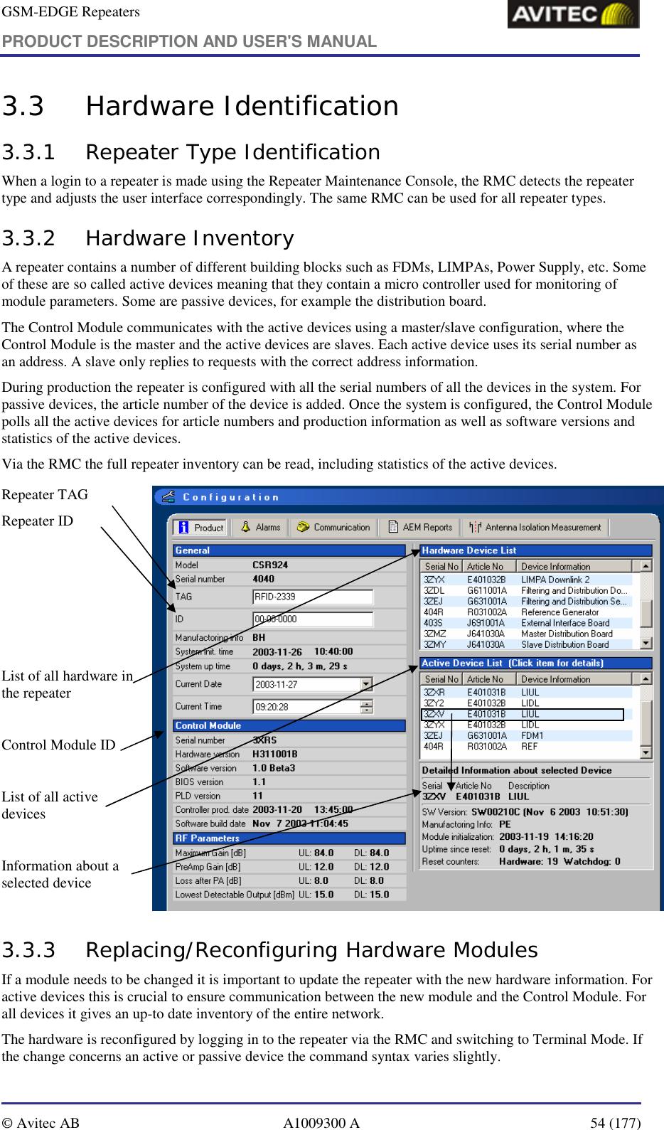 GSM-EDGE Repeaters PRODUCT DESCRIPTION AND USER&apos;S MANUAL   © Avitec AB  A1009300 A  54 (177)  3.3 Hardware Identification 3.3.1 Repeater Type Identification When a login to a repeater is made using the Repeater Maintenance Console, the RMC detects the repeater type and adjusts the user interface correspondingly. The same RMC can be used for all repeater types. 3.3.2 Hardware Inventory A repeater contains a number of different building blocks such as FDMs, LIMPAs, Power Supply, etc. Some of these are so called active devices meaning that they contain a micro controller used for monitoring of module parameters. Some are passive devices, for example the distribution board. The Control Module communicates with the active devices using a master/slave configuration, where the Control Module is the master and the active devices are slaves. Each active device uses its serial number as an address. A slave only replies to requests with the correct address information. During production the repeater is configured with all the serial numbers of all the devices in the system. For passive devices, the article number of the device is added. Once the system is configured, the Control Module polls all the active devices for article numbers and production information as well as software versions and statistics of the active devices.  Via the RMC the full repeater inventory can be read, including statistics of the active devices. Repeater TAG Repeater ID      List of all hardware in the repeater  Control Module ID  List of all active devices  Information about a selected device  3.3.3 Replacing/Reconfiguring Hardware Modules If a module needs to be changed it is important to update the repeater with the new hardware information. For active devices this is crucial to ensure communication between the new module and the Control Module. For all devices it gives an up-to date inventory of the entire network.  The hardware is reconfigured by logging in to the repeater via the RMC and switching to Terminal Mode. If the change concerns an active or passive device the command syntax varies slightly. 