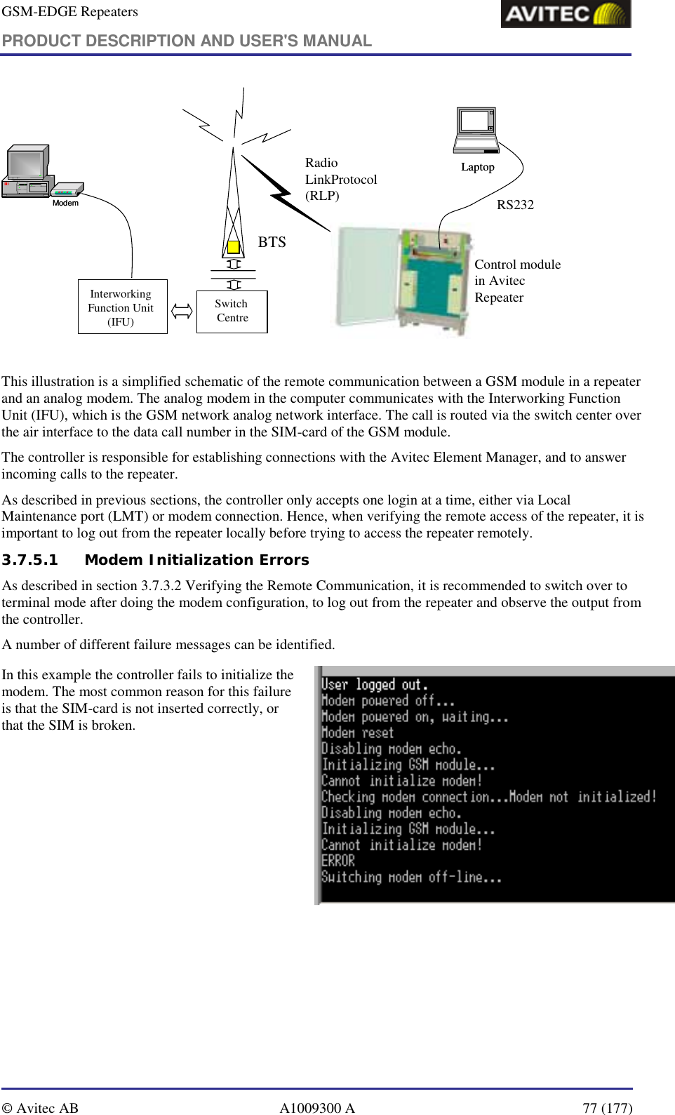 GSM-EDGE Repeaters PRODUCT DESCRIPTION AND USER&apos;S MANUAL   © Avitec AB  A1009300 A  77 (177)  Radio LinkProtocol(RLP)InterworkingFunction Unit(IFU)BTSLaptopLaptopControl module in Avitec RepeaterSwitch CentreModemModemRS232  This illustration is a simplified schematic of the remote communication between a GSM module in a repeater and an analog modem. The analog modem in the computer communicates with the Interworking Function Unit (IFU), which is the GSM network analog network interface. The call is routed via the switch center over the air interface to the data call number in the SIM-card of the GSM module. The controller is responsible for establishing connections with the Avitec Element Manager, and to answer incoming calls to the repeater.  As described in previous sections, the controller only accepts one login at a time, either via Local Maintenance port (LMT) or modem connection. Hence, when verifying the remote access of the repeater, it is important to log out from the repeater locally before trying to access the repeater remotely. 3.7.5.1 Modem Initialization Errors As described in section 3.7.3.2 Verifying the Remote Communication, it is recommended to switch over to terminal mode after doing the modem configuration, to log out from the repeater and observe the output from the controller. A number of different failure messages can be identified. In this example the controller fails to initialize the modem. The most common reason for this failure is that the SIM-card is not inserted correctly, or that the SIM is broken.    