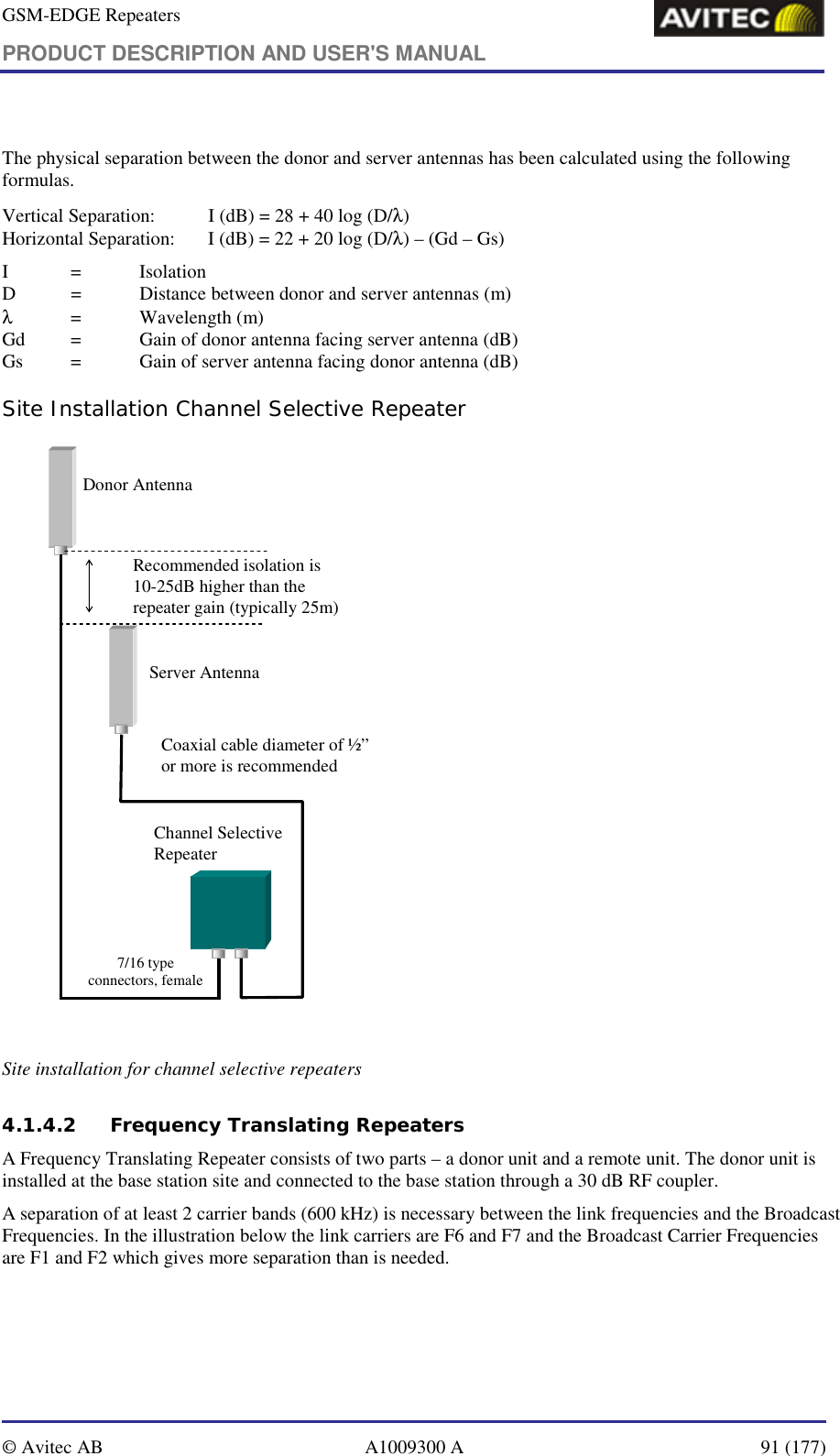 GSM-EDGE Repeaters PRODUCT DESCRIPTION AND USER&apos;S MANUAL   © Avitec AB  A1009300 A  91 (177)   The physical separation between the donor and server antennas has been calculated using the following formulas. Vertical Separation:  I (dB) = 28 + 40 log (D/λ) Horizontal Separation:  I (dB) = 22 + 20 log (D/λ) – (Gd – Gs) I =  Isolation D  =   Distance between donor and server antennas (m) λ = Wavelength (m) Gd  =  Gain of donor antenna facing server antenna (dB) Gs  =  Gain of server antenna facing donor antenna (dB) Site Installation Channel Selective Repeater Donor AntennaServer AntennaChannel SelectiveRepeater7/16 type connectors, femaleCoaxial cable diameter of ½” or more is recommendedRecommended isolation is 10-25dB higher than the repeater gain (typically 25m) Site installation for channel selective repeaters  4.1.4.2 Frequency Translating Repeaters A Frequency Translating Repeater consists of two parts – a donor unit and a remote unit. The donor unit is installed at the base station site and connected to the base station through a 30 dB RF coupler. A separation of at least 2 carrier bands (600 kHz) is necessary between the link frequencies and the Broadcast Frequencies. In the illustration below the link carriers are F6 and F7 and the Broadcast Carrier Frequencies are F1 and F2 which gives more separation than is needed.   