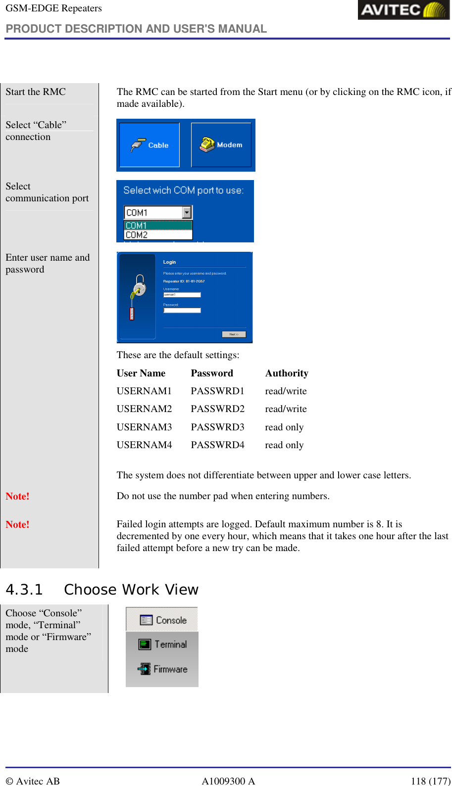 GSM-EDGE Repeaters PRODUCT DESCRIPTION AND USER&apos;S MANUAL   © Avitec AB  A1009300 A  118 (177)   Start the RMC     The RMC can be started from the Start menu (or by clicking on the RMC icon, if made available). Select “Cable” connection    Select communication port    Enter user name and password      These are the default settings: User Name  Password  Authority USERNAM1 PASSWRD1  read/write USERNAM2 PASSWRD2  read/write USERNAM3 PASSWRD3 read only USERNAM4 PASSWRD4 read only  The system does not differentiate between upper and lower case letters. Note!    Do not use the number pad when entering numbers. Note!    Failed login attempts are logged. Default maximum number is 8. It is decremented by one every hour, which means that it takes one hour after the last failed attempt before a new try can be made. 4.3.1 Choose Work View Choose “Console” mode, “Terminal” mode or “Firmware” mode   