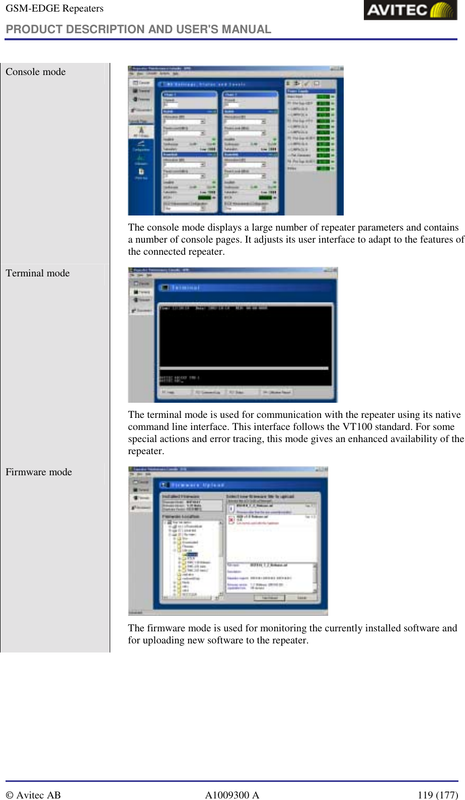 GSM-EDGE Repeaters PRODUCT DESCRIPTION AND USER&apos;S MANUAL   © Avitec AB  A1009300 A  119 (177)  Console mode    The console mode displays a large number of repeater parameters and contains a number of console pages. It adjusts its user interface to adapt to the features of the connected repeater. Terminal mode     The terminal mode is used for communication with the repeater using its native command line interface. This interface follows the VT100 standard. For some special actions and error tracing, this mode gives an enhanced availability of the repeater. Firmware mode    The firmware mode is used for monitoring the currently installed software and for uploading new software to the repeater. 