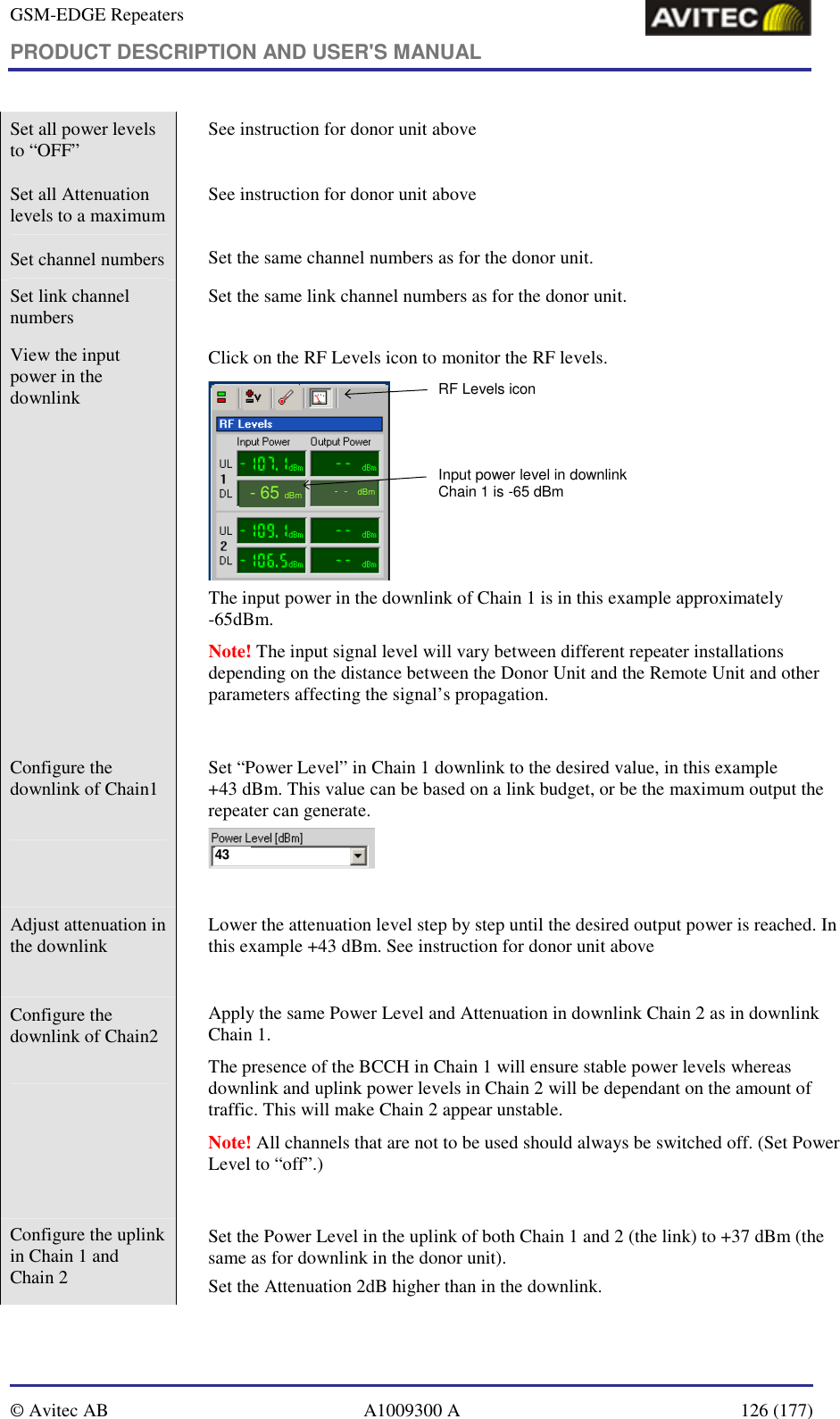 GSM-EDGE Repeaters PRODUCT DESCRIPTION AND USER&apos;S MANUAL   © Avitec AB  A1009300 A  126 (177)  Set all power levels to “OFF”    See instruction for donor unit above  Set all Attenuation levels to a maximum    See instruction for donor unit above  Set channel numbers     Set the same channel numbers as for the donor unit. Set link channel numbers   Set the same link channel numbers as for the donor unit. View the input power in the downlink   Click on the RF Levels icon to monitor the RF levels. RF Levels iconInput power level in downlinkChain 1 is -65 dBm--dBm-65dBm The input power in the downlink of Chain 1 is in this example approximately  -65dBm.  Note! The input signal level will vary between different repeater installations depending on the distance between the Donor Unit and the Remote Unit and other parameters affecting the signal’s propagation.  Configure the downlink of Chain1    Set “Power Level” in Chain 1 downlink to the desired value, in this example  +43 dBm. This value can be based on a link budget, or be the maximum output the repeater can generate. 43  Adjust attenuation in the downlink    Lower the attenuation level step by step until the desired output power is reached. In this example +43 dBm. See instruction for donor unit above  Configure the downlink of Chain2     Apply the same Power Level and Attenuation in downlink Chain 2 as in downlink Chain 1.  The presence of the BCCH in Chain 1 will ensure stable power levels whereas downlink and uplink power levels in Chain 2 will be dependant on the amount of traffic. This will make Chain 2 appear unstable.  Note! All channels that are not to be used should always be switched off. (Set Power Level to “off”.)  Configure the uplink in Chain 1 and Chain 2   Set the Power Level in the uplink of both Chain 1 and 2 (the link) to +37 dBm (the same as for downlink in the donor unit). Set the Attenuation 2dB higher than in the downlink. 