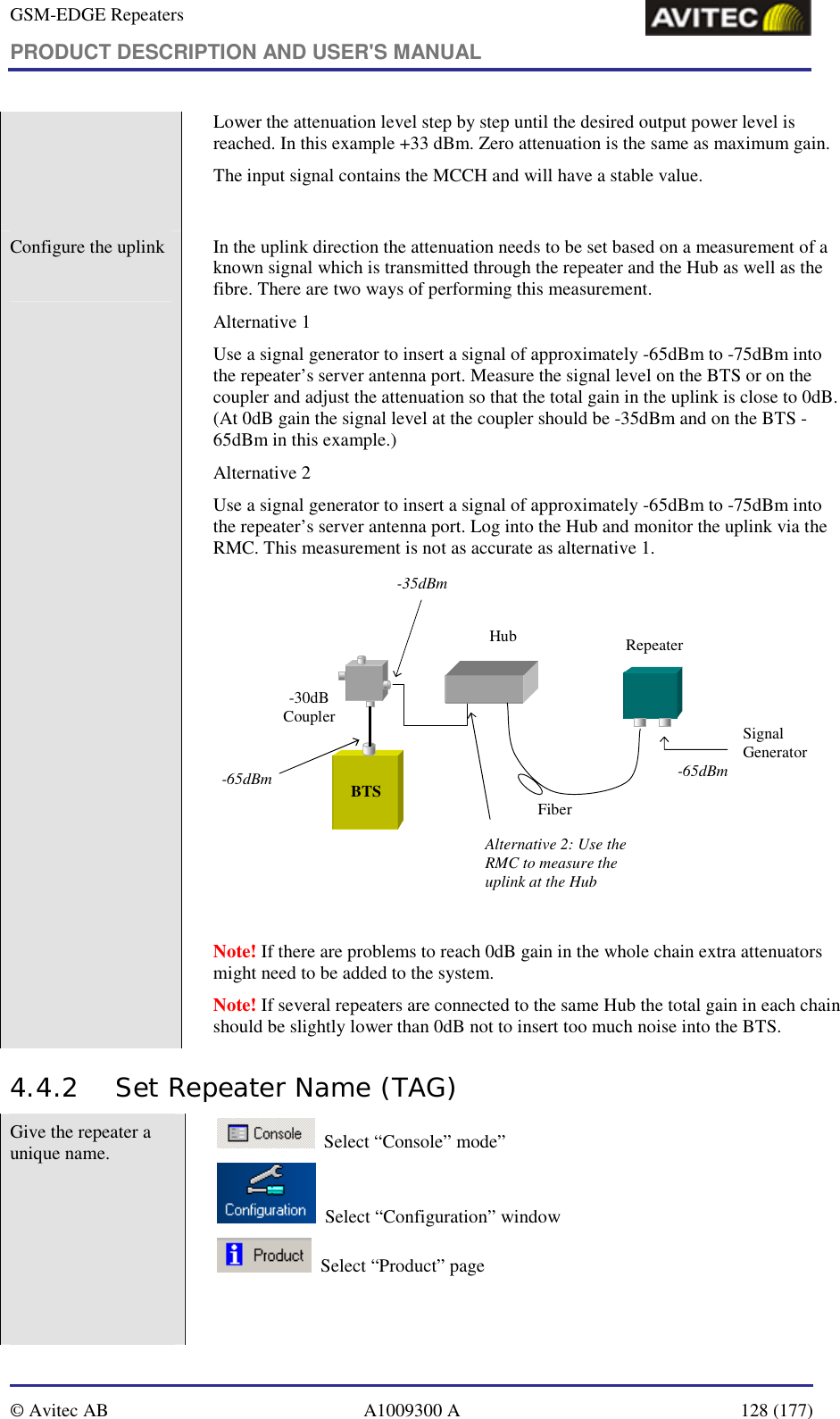 GSM-EDGE Repeaters PRODUCT DESCRIPTION AND USER&apos;S MANUAL   © Avitec AB  A1009300 A  128 (177)  Lower the attenuation level step by step until the desired output power level is reached. In this example +33 dBm. Zero attenuation is the same as maximum gain. The input signal contains the MCCH and will have a stable value.  Configure the uplink     In the uplink direction the attenuation needs to be set based on a measurement of a known signal which is transmitted through the repeater and the Hub as well as the fibre. There are two ways of performing this measurement. Alternative 1 Use a signal generator to insert a signal of approximately -65dBm to -75dBm into the repeater’s server antenna port. Measure the signal level on the BTS or on the coupler and adjust the attenuation so that the total gain in the uplink is close to 0dB. (At 0dB gain the signal level at the coupler should be -35dBm and on the BTS -65dBm in this example.)  Alternative 2 Use a signal generator to insert a signal of approximately -65dBm to -75dBm into the repeater’s server antenna port. Log into the Hub and monitor the uplink via the RMC. This measurement is not as accurate as alternative 1.  RepeaterSignal GeneratorFiber-65dBmBTS-30dB CouplerHub-35dBm-65dBmAlternative 2: Use the RMC to measure the uplink at the Hub  Note! If there are problems to reach 0dB gain in the whole chain extra attenuators might need to be added to the system. Note! If several repeaters are connected to the same Hub the total gain in each chain should be slightly lower than 0dB not to insert too much noise into the BTS. 4.4.2 Set Repeater Name (TAG) Give the repeater a unique name.          Select “Console” mode”   Select “Configuration” window   Select “Product” page 