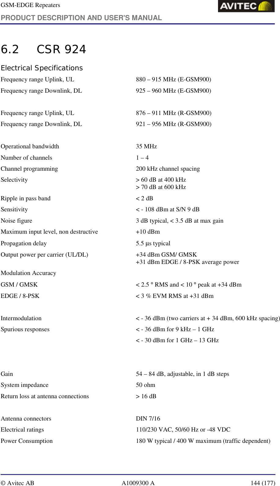 GSM-EDGE Repeaters PRODUCT DESCRIPTION AND USER&apos;S MANUAL   © Avitec AB  A1009300 A  144 (177)  6.2 CSR 924 Electrical Specifications Frequency range Uplink, UL  880 – 915 MHz (E-GSM900) Frequency range Downlink, DL  925 – 960 MHz (E-GSM900)  Frequency range Uplink, UL  876 – 911 MHz (R-GSM900) Frequency range Downlink, DL  921 – 956 MHz (R-GSM900)  Operational bandwidth   35 MHz  Number of channels  1 – 4 Channel programming  200 kHz channel spacing  Selectivity  &gt; 60 dB at 400 kHz &gt; 70 dB at 600 kHz Ripple in pass band  &lt; 2 dB  Sensitivity  &lt; - 108 dBm at S/N 9 dB  Noise figure  3 dB typical, &lt; 3.5 dB at max gain Maximum input level, non destructive  +10 dBm Propagation delay   5.5 µs typical  Output power per carrier (UL/DL)   +34 dBm GSM/ GMSK +31 dBm EDGE / 8-PSK average power Modulation Accuracy GSM / GMSK   &lt; 2.5 ° RMS and &lt; 10 ° peak at +34 dBm  EDGE / 8-PSK  &lt; 3 % EVM RMS at +31 dBm   Intermodulation   &lt; - 36 dBm (two carriers at + 34 dBm, 600 kHz spacing)  Spurious responses   &lt; - 36 dBm for 9 kHz – 1 GHz   &lt; - 30 dBm for 1 GHz – 13 GHz   Gain  54 – 84 dB, adjustable, in 1 dB steps System impedance  50 ohm Return loss at antenna connections   &gt; 16 dB  Antenna connectors  DIN 7/16  Electrical ratings  110/230 VAC, 50/60 Hz or -48 VDC Power Consumption   180 W typical / 400 W maximum (traffic dependent)  