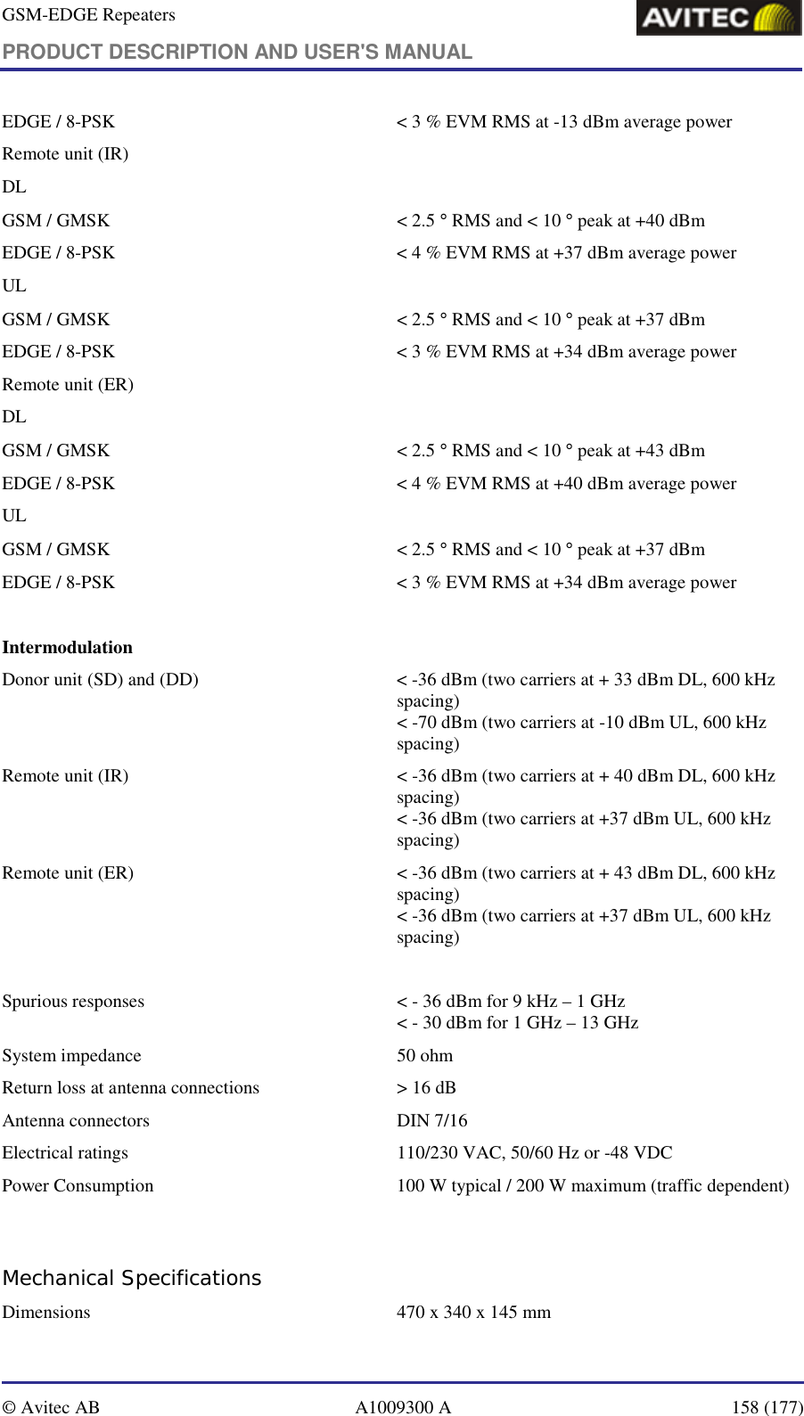 GSM-EDGE Repeaters PRODUCT DESCRIPTION AND USER&apos;S MANUAL   © Avitec AB  A1009300 A  158 (177)  EDGE / 8-PSK  &lt; 3 % EVM RMS at -13 dBm average power Remote unit (IR)  DL GSM / GMSK  &lt; 2.5 ° RMS and &lt; 10 ° peak at +40 dBm  EDGE / 8-PSK  &lt; 4 % EVM RMS at +37 dBm average power UL GSM / GMSK  &lt; 2.5 ° RMS and &lt; 10 ° peak at +37 dBm  EDGE / 8-PSK  &lt; 3 % EVM RMS at +34 dBm average power Remote unit (ER)  DL GSM / GMSK  &lt; 2.5 ° RMS and &lt; 10 ° peak at +43 dBm  EDGE / 8-PSK  &lt; 4 % EVM RMS at +40 dBm average power UL GSM / GMSK  &lt; 2.5 ° RMS and &lt; 10 ° peak at +37 dBm  EDGE / 8-PSK  &lt; 3 % EVM RMS at +34 dBm average power  Intermodulation    Donor unit (SD) and (DD)  &lt; -36 dBm (two carriers at + 33 dBm DL, 600 kHz spacing)  &lt; -70 dBm (two carriers at -10 dBm UL, 600 kHz spacing)  Remote unit (IR)  &lt; -36 dBm (two carriers at + 40 dBm DL, 600 kHz spacing)  &lt; -36 dBm (two carriers at +37 dBm UL, 600 kHz spacing)  Remote unit (ER)  &lt; -36 dBm (two carriers at + 43 dBm DL, 600 kHz spacing)  &lt; -36 dBm (two carriers at +37 dBm UL, 600 kHz spacing)   Spurious responses   &lt; - 36 dBm for 9 kHz – 1 GHz &lt; - 30 dBm for 1 GHz – 13 GHz System impedance  50 ohm Return loss at antenna connections   &gt; 16 dB Antenna connectors  DIN 7/16  Electrical ratings  110/230 VAC, 50/60 Hz or -48 VDC Power Consumption   100 W typical / 200 W maximum (traffic dependent)  Mechanical Specifications Dimensions   470 x 340 x 145 mm 