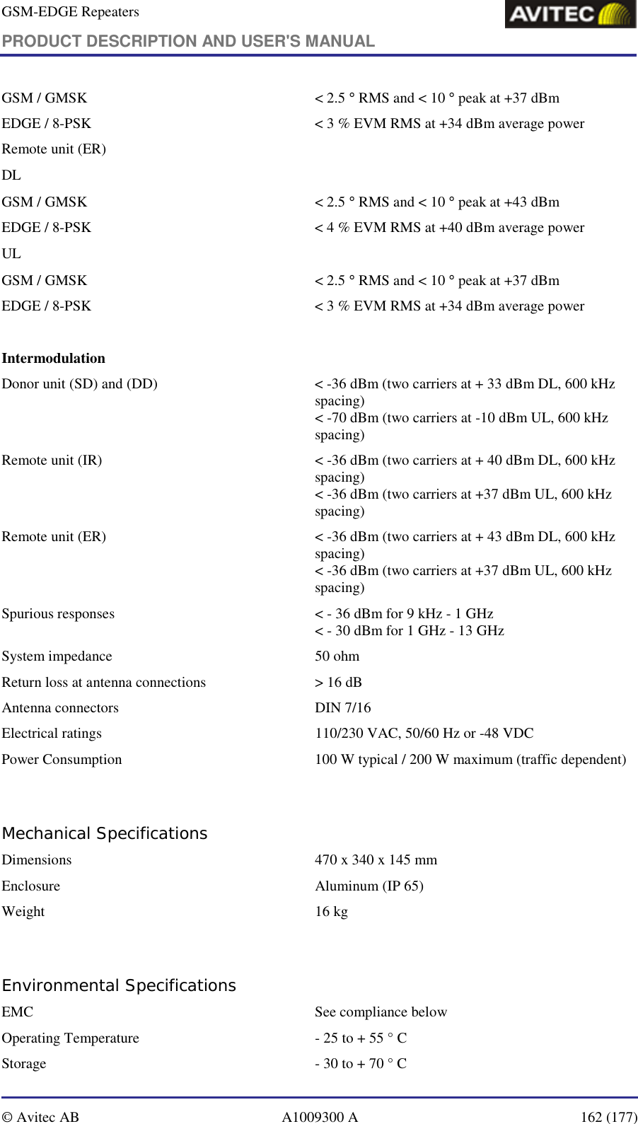 GSM-EDGE Repeaters PRODUCT DESCRIPTION AND USER&apos;S MANUAL   © Avitec AB  A1009300 A  162 (177)  GSM / GMSK  &lt; 2.5 ° RMS and &lt; 10 ° peak at +37 dBm  EDGE / 8-PSK  &lt; 3 % EVM RMS at +34 dBm average power Remote unit (ER)  DL GSM / GMSK  &lt; 2.5 ° RMS and &lt; 10 ° peak at +43 dBm  EDGE / 8-PSK  &lt; 4 % EVM RMS at +40 dBm average power UL GSM / GMSK  &lt; 2.5 ° RMS and &lt; 10 ° peak at +37 dBm  EDGE / 8-PSK  &lt; 3 % EVM RMS at +34 dBm average power  Intermodulation    Donor unit (SD) and (DD)  &lt; -36 dBm (two carriers at + 33 dBm DL, 600 kHz spacing)  &lt; -70 dBm (two carriers at -10 dBm UL, 600 kHz spacing)  Remote unit (IR)  &lt; -36 dBm (two carriers at + 40 dBm DL, 600 kHz spacing)  &lt; -36 dBm (two carriers at +37 dBm UL, 600 kHz spacing)  Remote unit (ER)  &lt; -36 dBm (two carriers at + 43 dBm DL, 600 kHz spacing)  &lt; -36 dBm (two carriers at +37 dBm UL, 600 kHz spacing)  Spurious responses   &lt; - 36 dBm for 9 kHz - 1 GHz &lt; - 30 dBm for 1 GHz - 13 GHz System impedance  50 ohm Return loss at antenna connections   &gt; 16 dB Antenna connectors   DIN 7/16 Electrical ratings   110/230 VAC, 50/60 Hz or -48 VDC Power Consumption  100 W typical / 200 W maximum (traffic dependent)  Mechanical Specifications Dimensions   470 x 340 x 145 mm Enclosure   Aluminum (IP 65) Weight   16 kg  Environmental Specifications EMC   See compliance below Operating Temperature   - 25 to + 55 ° C Storage   - 30 to + 70 ° C 