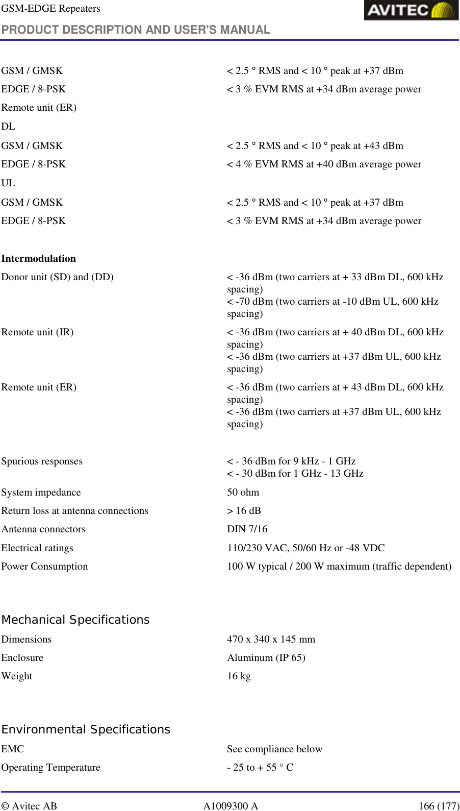 GSM-EDGE Repeaters PRODUCT DESCRIPTION AND USER&apos;S MANUAL   © Avitec AB  A1009300 A  166 (177)  GSM / GMSK  &lt; 2.5 ° RMS and &lt; 10 ° peak at +37 dBm  EDGE / 8-PSK  &lt; 3 % EVM RMS at +34 dBm average power Remote unit (ER)  DL GSM / GMSK  &lt; 2.5 ° RMS and &lt; 10 ° peak at +43 dBm  EDGE / 8-PSK  &lt; 4 % EVM RMS at +40 dBm average power UL GSM / GMSK  &lt; 2.5 ° RMS and &lt; 10 ° peak at +37 dBm  EDGE / 8-PSK  &lt; 3 % EVM RMS at +34 dBm average power  Intermodulation    Donor unit (SD) and (DD)  &lt; -36 dBm (two carriers at + 33 dBm DL, 600 kHz spacing)  &lt; -70 dBm (two carriers at -10 dBm UL, 600 kHz spacing)  Remote unit (IR)  &lt; -36 dBm (two carriers at + 40 dBm DL, 600 kHz spacing)  &lt; -36 dBm (two carriers at +37 dBm UL, 600 kHz spacing)  Remote unit (ER)  &lt; -36 dBm (two carriers at + 43 dBm DL, 600 kHz spacing)  &lt; -36 dBm (two carriers at +37 dBm UL, 600 kHz spacing)   Spurious responses   &lt; - 36 dBm for 9 kHz - 1 GHz &lt; - 30 dBm for 1 GHz - 13 GHz System impedance  50 ohm Return loss at antenna connections   &gt; 16 dB Antenna connectors   DIN 7/16 Electrical ratings   110/230 VAC, 50/60 Hz or -48 VDC Power Consumption  100 W typical / 200 W maximum (traffic dependent)  Mechanical Specifications Dimensions   470 x 340 x 145 mm Enclosure   Aluminum (IP 65) Weight   16 kg  Environmental Specifications EMC   See compliance below Operating Temperature   - 25 to + 55 ° C 