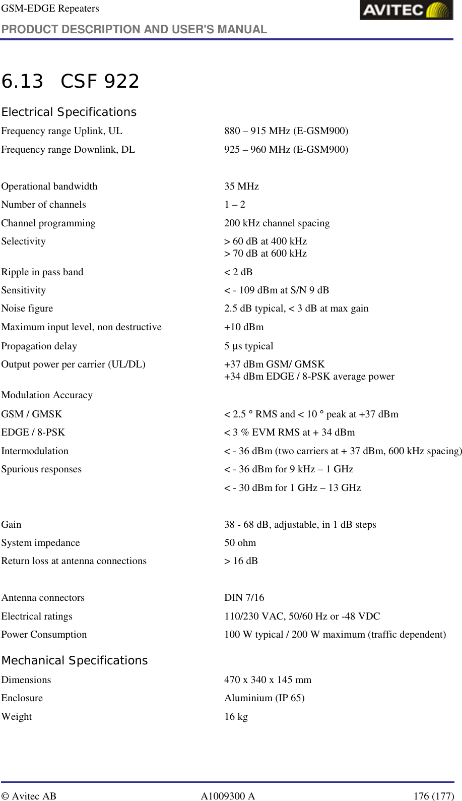 GSM-EDGE Repeaters PRODUCT DESCRIPTION AND USER&apos;S MANUAL   © Avitec AB  A1009300 A  176 (177)  6.13 CSF 922 Electrical Specifications Frequency range Uplink, UL  880 – 915 MHz (E-GSM900) Frequency range Downlink, DL  925 – 960 MHz (E-GSM900)  Operational bandwidth   35 MHz  Number of channels  1 – 2 Channel programming  200 kHz channel spacing  Selectivity  &gt; 60 dB at 400 kHz &gt; 70 dB at 600 kHz Ripple in pass band  &lt; 2 dB  Sensitivity  &lt; - 109 dBm at S/N 9 dB  Noise figure  2.5 dB typical, &lt; 3 dB at max gain Maximum input level, non destructive  +10 dBm Propagation delay   5 µs typical  Output power per carrier (UL/DL)   +37 dBm GSM/ GMSK +34 dBm EDGE / 8-PSK average power Modulation Accuracy GSM / GMSK   &lt; 2.5 ° RMS and &lt; 10 ° peak at +37 dBm  EDGE / 8-PSK  &lt; 3 % EVM RMS at + 34 dBm  Intermodulation   &lt; - 36 dBm (two carriers at + 37 dBm, 600 kHz spacing)  Spurious responses   &lt; - 36 dBm for 9 kHz – 1 GHz   &lt; - 30 dBm for 1 GHz – 13 GHz  Gain  38 - 68 dB, adjustable, in 1 dB steps System impedance  50 ohm Return loss at antenna connections   &gt; 16 dB  Antenna connectors  DIN 7/16  Electrical ratings  110/230 VAC, 50/60 Hz or -48 VDC Power Consumption   100 W typical / 200 W maximum (traffic dependent) Mechanical Specifications Dimensions   470 x 340 x 145 mm Enclosure  Aluminium (IP 65) Weight   16 kg  