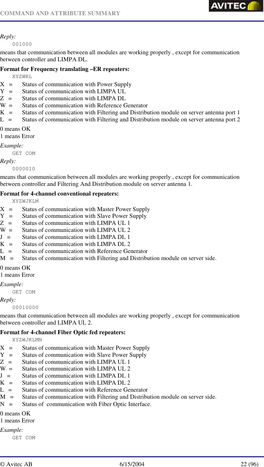   COMMAND AND ATTRIBUTE SUMMARY  © Avitec AB  6/15/2004  22 (96)  Reply: 001000 means that communication between all modules are working properly , except for communication between controller and LIMPA DL. Format for Frequency translating –ER repeaters: XYZWKL X   =   Status of communication with Power Supply Y   =   Status of communication with LIMPA UL Z   =   Status of communication with LIMPA DL W  =  Status of communication with Reference Generator K   =   Status of communication with Filtering and Distribution module on server antenna port 1 L   =   Status of communication with Filtering and Distribution module on server antenna port 2 0 means OK 1 means Error Example: GET COM Reply: 0000010 means that communication between all modules are working properly , except for communication between controller and Filtering And Distribution module on server antenna 1. Format for 4-channel conventional repeaters: XYZWJKLM X   =   Status of communication with Master Power Supply Y   =  Status of communication with Slave Power Supply Z   =   Status of communication with LIMPA UL 1 W  =   Status of communication with LIMPA UL 2 J   =   Status of communication with LIMPA DL 1 K   =   Status of communication with LIMPA DL 2 L   =   Status of communication with Reference Generator M   =   Status of communication with Filtering and Distribution module on server side. 0 means OK 1 means Error Example: GET COM Reply: 00010000 means that communication between all modules are working properly , except for communication between controller and LIMPA UL 2.   Format for 4-channel Fiber Optic fed repeaters: XYZWJKLMN X   =   Status of communication with Master Power Supply Y   =  Status of communication with Slave Power Supply Z   =   Status of communication with LIMPA UL 1 W  =   Status of communication with LIMPA UL 2 J   =   Status of communication with LIMPA DL 1 K   =   Status of communication with LIMPA DL 2 L   =   Status of communication with Reference Generator M   =   Status of communication with Filtering and Distribution module on server side. N   =  Status of  communication with Fiber Optic Interface. 0 means OK 1 means Error Example: GET COM 