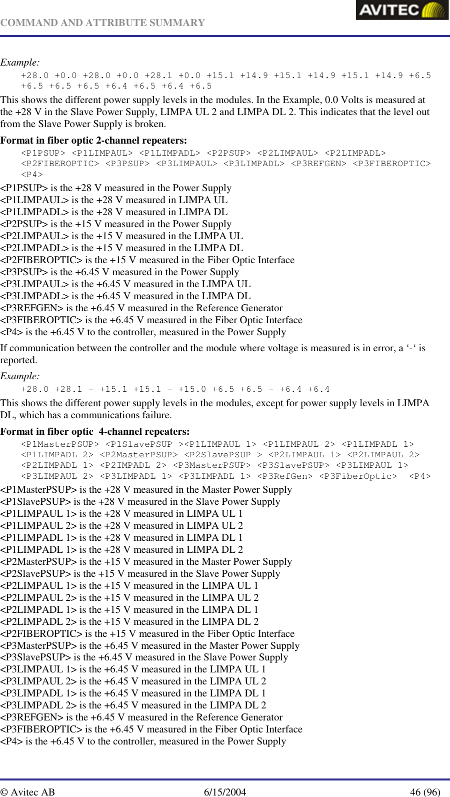   COMMAND AND ATTRIBUTE SUMMARY  © Avitec AB  6/15/2004  46 (96)  Example: +28.0 +0.0 +28.0 +0.0 +28.1 +0.0 +15.1 +14.9 +15.1 +14.9 +15.1 +14.9 +6.5 +6.5 +6.5 +6.5 +6.4 +6.5 +6.4 +6.5 This shows the different power supply levels in the modules. In the Example, 0.0 Volts is measured at the +28 V in the Slave Power Supply, LIMPA UL 2 and LIMPA DL 2. This indicates that the level out from the Slave Power Supply is broken. Format in fiber optic 2-channel repeaters: &lt;P1PSUP&gt; &lt;P1LIMPAUL&gt; &lt;P1LIMPADL&gt; &lt;P2PSUP&gt; &lt;P2LIMPAUL&gt; &lt;P2LIMPADL&gt; &lt;P2FIBEROPTIC&gt; &lt;P3PSUP&gt; &lt;P3LIMPAUL&gt; &lt;P3LIMPADL&gt; &lt;P3REFGEN&gt; &lt;P3FIBEROPTIC&gt; &lt;P4&gt; &lt;P1PSUP&gt; is the +28 V measured in the Power Supply &lt;P1LIMPAUL&gt; is the +28 V measured in LIMPA UL &lt;P1LIMPADL&gt; is the +28 V measured in LIMPA DL &lt;P2PSUP&gt; is the +15 V measured in the Power Supply &lt;P2LIMPAUL&gt; is the +15 V measured in the LIMPA UL &lt;P2LIMPADL&gt; is the +15 V measured in the LIMPA DL  &lt;P2FIBEROPTIC&gt; is the +15 V measured in the Fiber Optic Interface &lt;P3PSUP&gt; is the +6.45 V measured in the Power Supply &lt;P3LIMPAUL&gt; is the +6.45 V measured in the LIMPA UL &lt;P3LIMPADL&gt; is the +6.45 V measured in the LIMPA DL &lt;P3REFGEN&gt; is the +6.45 V measured in the Reference Generator &lt;P3FIBEROPTIC&gt; is the +6.45 V measured in the Fiber Optic Interface &lt;P4&gt; is the +6.45 V to the controller, measured in the Power Supply  If communication between the controller and the module where voltage is measured is in error, a ‘-‘ is reported. Example: +28.0 +28.1 - +15.1 +15.1 - +15.0 +6.5 +6.5 - +6.4 +6.4 This shows the different power supply levels in the modules, except for power supply levels in LIMPA DL, which has a communications failure. Format in fiber optic  4-channel repeaters: &lt;P1MasterPSUP&gt; &lt;P1SlavePSUP &gt;&lt;P1LIMPAUL 1&gt; &lt;P1LIMPAUL 2&gt; &lt;P1LIMPADL 1&gt; &lt;P1LIMPADL 2&gt; &lt;P2MasterPSUP&gt; &lt;P2SlavePSUP &gt; &lt;P2LIMPAUL 1&gt; &lt;P2LIMPAUL 2&gt; &lt;P2LIMPADL 1&gt; &lt;P2IMPADL 2&gt; &lt;P3MasterPSUP&gt; &lt;P3SlavePSUP&gt; &lt;P3LIMPAUL 1&gt; &lt;P3LIMPAUL 2&gt; &lt;P3LIMPADL 1&gt; &lt;P3LIMPADL 1&gt; &lt;P3RefGen&gt; &lt;P3FiberOptic&gt;  &lt;P4&gt; &lt;P1MasterPSUP&gt; is the +28 V measured in the Master Power Supply &lt;P1SlavePSUP&gt; is the +28 V measured in the Slave Power Supply &lt;P1LIMPAUL 1&gt; is the +28 V measured in LIMPA UL 1 &lt;P1LIMPAUL 2&gt; is the +28 V measured in LIMPA UL 2 &lt;P1LIMPADL 1&gt; is the +28 V measured in LIMPA DL 1 &lt;P1LIMPADL 1&gt; is the +28 V measured in LIMPA DL 2 &lt;P2MasterPSUP&gt; is the +15 V measured in the Master Power Supply &lt;P2SlavePSUP&gt; is the +15 V measured in the Slave Power Supply &lt;P2LIMPAUL 1&gt; is the +15 V measured in the LIMPA UL 1 &lt;P2LIMPAUL 2&gt; is the +15 V measured in the LIMPA UL 2 &lt;P2LIMPADL 1&gt; is the +15 V measured in the LIMPA DL 1 &lt;P2LIMPADL 2&gt; is the +15 V measured in the LIMPA DL 2 &lt;P2FIBEROPTIC&gt; is the +15 V measured in the Fiber Optic Interface &lt;P3MasterPSUP&gt; is the +6.45 V measured in the Master Power Supply &lt;P3SlavePSUP&gt; is the +6.45 V measured in the Slave Power Supply &lt;P3LIMPAUL 1&gt; is the +6.45 V measured in the LIMPA UL 1 &lt;P3LIMPAUL 2&gt; is the +6.45 V measured in the LIMPA UL 2 &lt;P3LIMPADL 1&gt; is the +6.45 V measured in the LIMPA DL 1 &lt;P3LIMPADL 2&gt; is the +6.45 V measured in the LIMPA DL 2 &lt;P3REFGEN&gt; is the +6.45 V measured in the Reference Generator &lt;P3FIBEROPTIC&gt; is the +6.45 V measured in the Fiber Optic Interface &lt;P4&gt; is the +6.45 V to the controller, measured in the Power Supply  