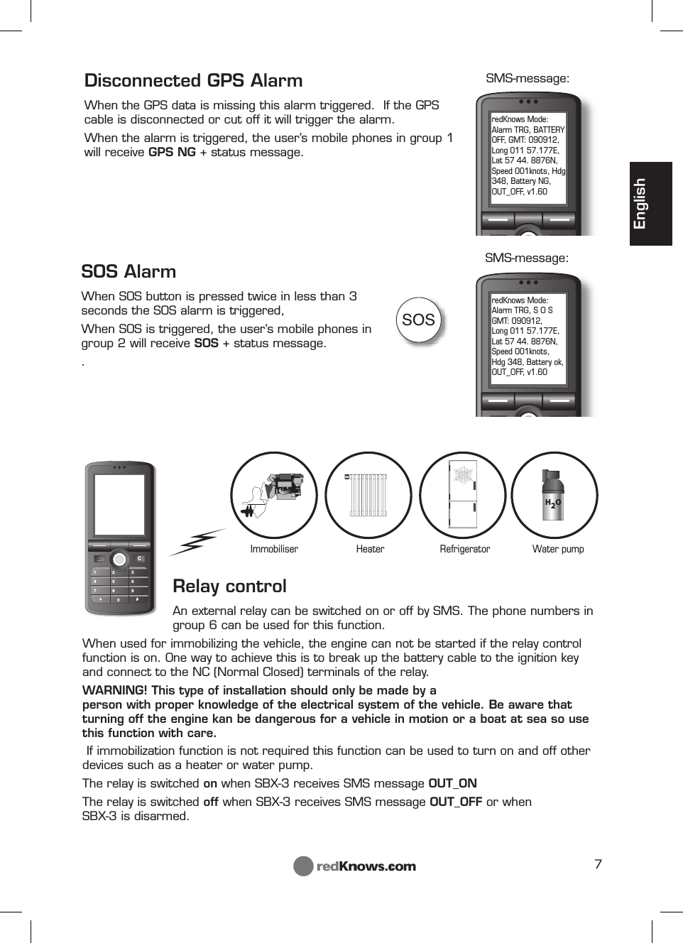 7SOSredKnows Mode: Alarm TRG, BATTERY OFF, GMT: 090912, Long 011 57.177E, Lat 57 44. 8876N, Speed 001knots, Hdg 348, Battery NG, OUT_OFF, v1.60redKnows Mode: Alarm TRG, S O S GMT: 090912, Long 011 57.177E, Lat 57 44. 8876N, Speed 001knots, Hdg 348, Battery ok, OUT_OFF, v1.60H2OMotortändning Värme Kylskåp VattenpumpC147*2580369#EnglishDisconnected GPS AlarmWhen the GPS data is missing this alarm triggered.  If the GPS cable is disconnected or cut off it will trigger the alarm.When the alarm is triggered, the user’s mobile phones in group 1 will receive GPS NG + status message. SMS-message:SMS-message:Relay controlAn external relay can be switched on or off by SMS. The phone numbers in group 6 can be used for this function.When used for immobilizing the vehicle, the engine can not be started if the relay control function is on. One way to achieve this is to break up the battery cable to the ignition key and connect to the NC (Normal Closed) terminals of the relay.WARNING! This type of installation should only be made by a person with proper knowledge of the electrical system of the vehicle. Be aware that turning off the engine kan be dangerous for a vehicle in motion or a boat at sea so use this function with care. If immobilization function is not required this function can be used to turn on and off other devices such as a heater or water pump.The relay is switched on when SBX-3 receives SMS message OUT_ON The relay is switched off when SBX-3 receives SMS message OUT_OFF or when           SBX-3 is disarmed. Immobiliser  Heater  Refrigerator  Water pumpSOS AlarmWhen SOS button is pressed twice in less than 3 seconds the SOS alarm is triggered, When SOS is triggered, the user’s mobile phones in group 2 will receive SOS + status message. . 