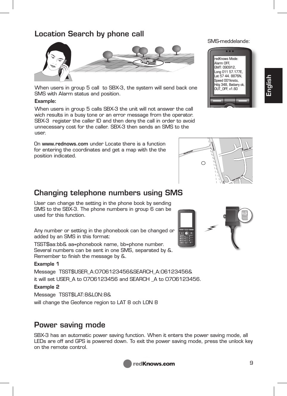 9FINLANDSVÄGENSANKT JÖRGENSJÖRGENS VÄGVÄGLILLHAGSVÄGENLILLHSANKT redKnows Mode: Alarm OFF, GMT: 090912, Long 011 57.177E, Lat 57 44. 8876N, Speed 001knots, Hdg 348, Battery ok, OUT_OFF, v1.60C147*2580369#EnglishLocation Search by phone callWhen users in group 5 call  to SBX-3, the system will send back one SMS with Alarm status and position. Example:When users in group 5 calls SBX-3 the unit will not answer the call wich results in a busy tone or an error message from the operator. SBX-3  register the caller ID and then deny the call in order to avoid unnecessary cost for the caller. SBX-3 then sends an SMS to the user.On www.rednows.com under Locate there is a function for entering the coordinates and get a map with the the position indicated.SMS-meddelande:Changing telephone numbers using SMSUser can change the setting in the phone book by sending SMS to the SBX-3. The phone numbers in group 6 can be used for this function.Any number or setting in the phonebook can be changed or added by an SMS in this format:TSST$aa:bb&amp; aa=phonebook name, bb=phone number. Several numbers can be sent in one SMS, separated by &amp;. Remember to ﬁ nish the message by &amp;.Example 1 Message  TSST$USER_A:0706123456&amp;SEARCH_A:06123456&amp;it will set USER_A to 0706123456 and SEARCH _A to 0706123456.Example 2 Message  TSST$LAT:8&amp;LON:8&amp;will change the Geofence region to LAT 8 och LON 8Power saving modeSBX-3 has an automatic power saving function. When it enters the power saving mode, all LEDs are off and GPS is powered down. To exit the power saving mode, press the unlock key on the remote control.  