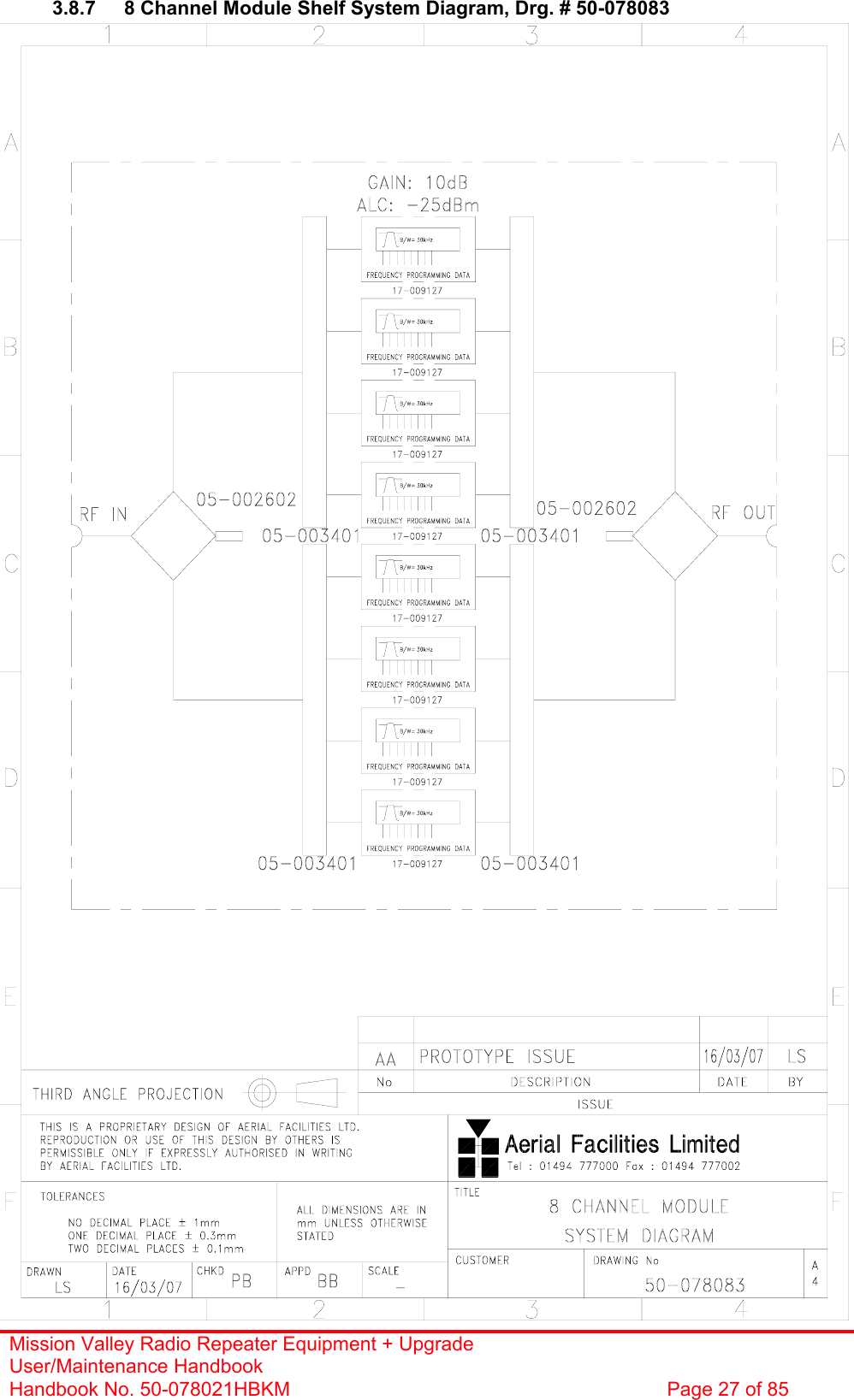 Mission Valley Radio Repeater Equipment + Upgrade User/Maintenance Handbook Handbook No. 50-078021HBKM  Page 27 of 85   3.8.7  8 Channel Module Shelf System Diagram, Drg. # 50-078083  