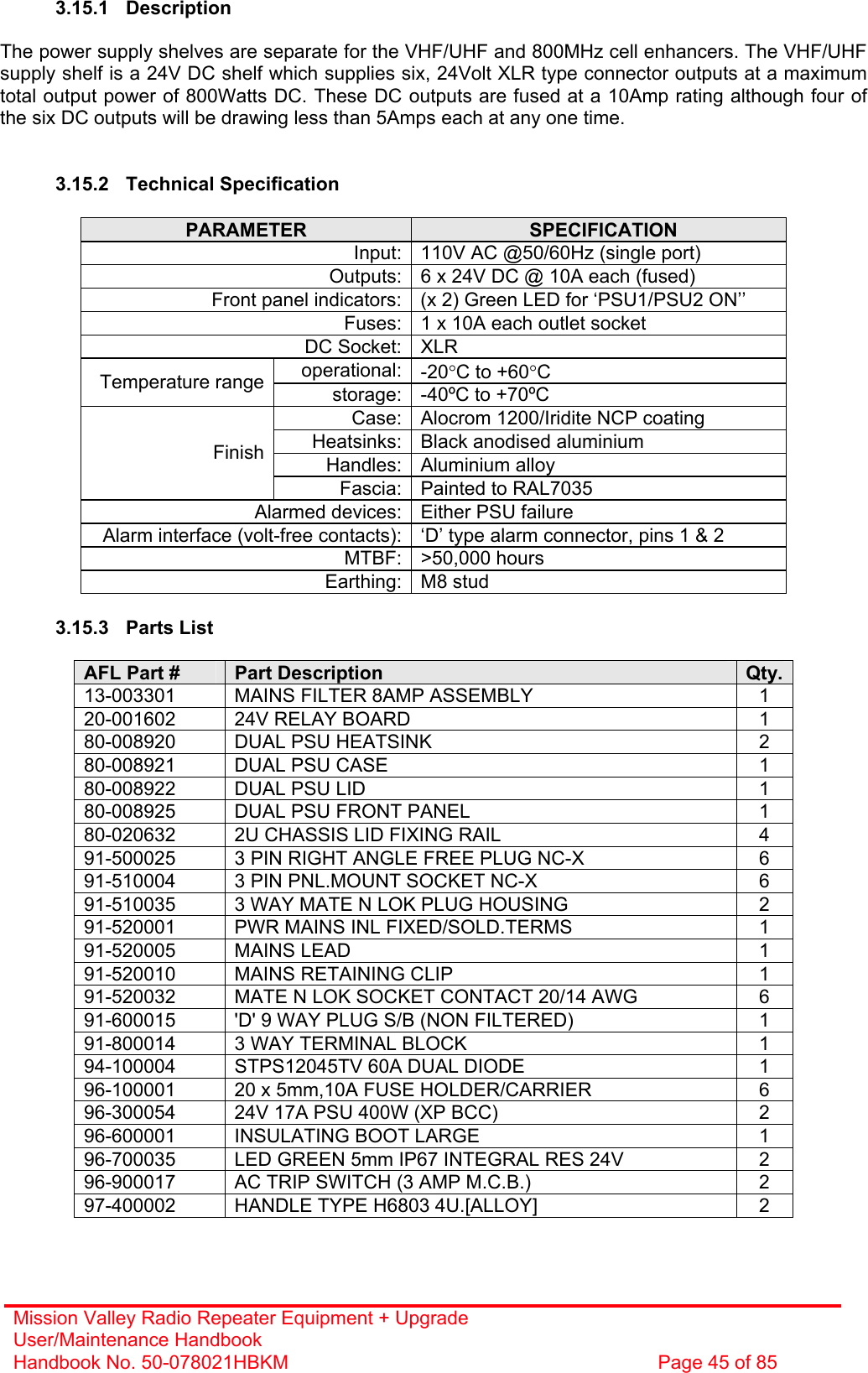 Mission Valley Radio Repeater Equipment + Upgrade User/Maintenance Handbook Handbook No. 50-078021HBKM  Page 45 of 85   3.15.1 Description  The power supply shelves are separate for the VHF/UHF and 800MHz cell enhancers. The VHF/UHF supply shelf is a 24V DC shelf which supplies six, 24Volt XLR type connector outputs at a maximum total output power of 800Watts DC. These DC outputs are fused at a 10Amp rating although four of the six DC outputs will be drawing less than 5Amps each at any one time.   3.15.2 Technical Specification  PARAMETER  SPECIFICATION Input: 110V AC @50/60Hz (single port) Outputs: 6 x 24V DC @ 10A each (fused) Front panel indicators: (x 2) Green LED for ‘PSU1/PSU2 ON’’ Fuses: 1 x 10A each outlet socket DC Socket: XLR operational: -20°C to +60°C Temperature range  storage: -40ºC to +70ºC Case: Alocrom 1200/Iridite NCP coating Heatsinks: Black anodised aluminium Handles: Aluminium alloy Finish Fascia: Painted to RAL7035 Alarmed devices: Either PSU failure Alarm interface (volt-free contacts): ‘D’ type alarm connector, pins 1 &amp; 2 MTBF: &gt;50,000 hours Earthing: M8 stud  3.15.3 Parts List  AFL Part #  Part Description  Qty.13-003301  MAINS FILTER 8AMP ASSEMBLY  1 20-001602  24V RELAY BOARD  1 80-008920  DUAL PSU HEATSINK  2 80-008921  DUAL PSU CASE  1 80-008922  DUAL PSU LID  1 80-008925  DUAL PSU FRONT PANEL  1 80-020632  2U CHASSIS LID FIXING RAIL  4 91-500025  3 PIN RIGHT ANGLE FREE PLUG NC-X  6 91-510004  3 PIN PNL.MOUNT SOCKET NC-X  6 91-510035  3 WAY MATE N LOK PLUG HOUSING  2 91-520001  PWR MAINS INL FIXED/SOLD.TERMS  1 91-520005 MAINS LEAD  1 91-520010  MAINS RETAINING CLIP  1 91-520032  MATE N LOK SOCKET CONTACT 20/14 AWG  6 91-600015  &apos;D&apos; 9 WAY PLUG S/B (NON FILTERED)  1 91-800014  3 WAY TERMINAL BLOCK  1 94-100004  STPS12045TV 60A DUAL DIODE  1 96-100001  20 x 5mm,10A FUSE HOLDER/CARRIER  6 96-300054  24V 17A PSU 400W (XP BCC)  2 96-600001  INSULATING BOOT LARGE  1 96-700035  LED GREEN 5mm IP67 INTEGRAL RES 24V  2 96-900017  AC TRIP SWITCH (3 AMP M.C.B.)  2 97-400002  HANDLE TYPE H6803 4U.[ALLOY]  2 