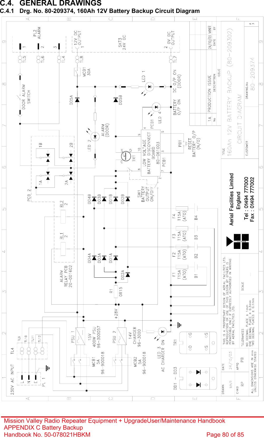 Mission Valley Radio Repeater Equipment + UpgradeUser/Maintenance Handbook APPENDIX C Battery Backup Handbook No. 50-078021HBKM  Page 80 of 85  C.4. GENERAL DRAWINGS C.4.1  Drg. No. 80-209374, 160Ah 12V Battery Backup Circuit Diagram  