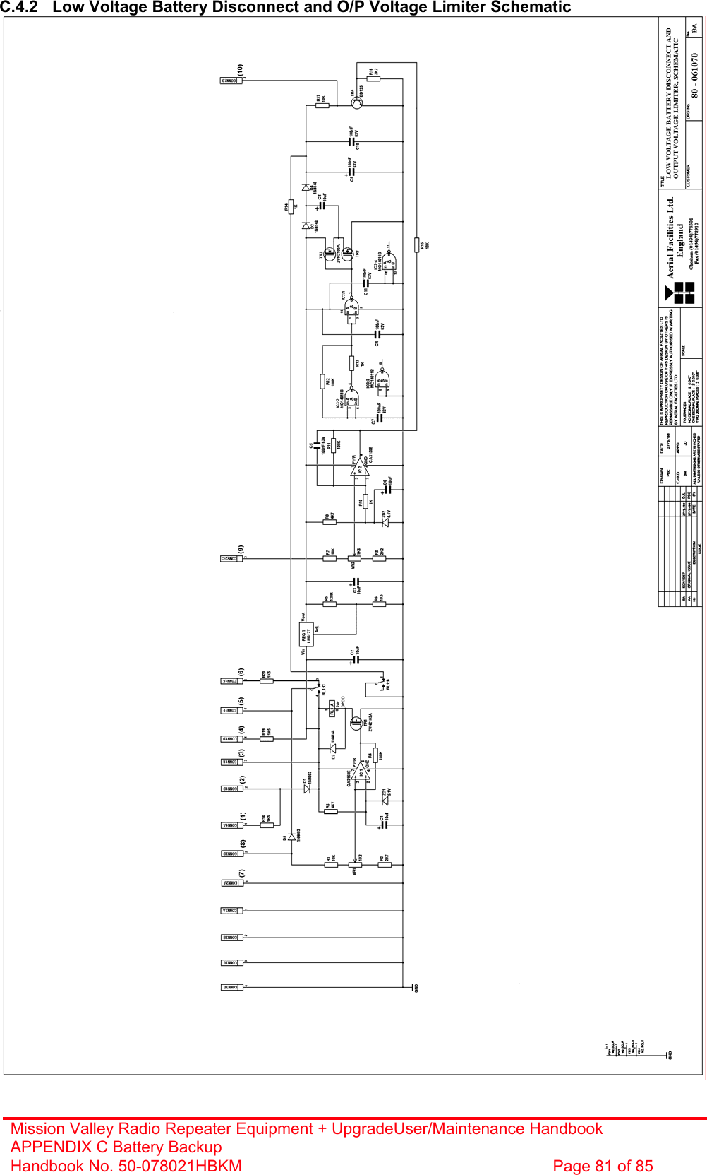 Mission Valley Radio Repeater Equipment + UpgradeUser/Maintenance Handbook APPENDIX C Battery Backup Handbook No. 50-078021HBKM  Page 81 of 85  C.4.2  Low Voltage Battery Disconnect and O/P Voltage Limiter Schematic  