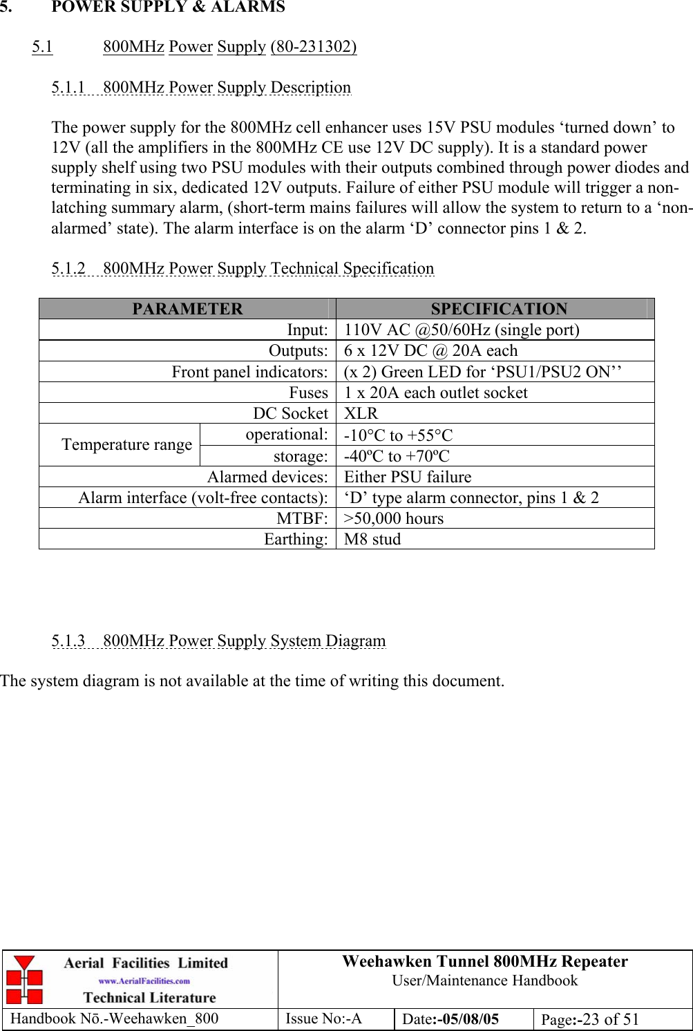 Weehawken Tunnel 800MHz Repeater User/Maintenance Handbook Handbook N.-Weehawken_800 Issue No:-A Date:-05/08/05  Page:-23 of 51   5.  POWER SUPPLY &amp; ALARMS  5.1 800MHz Power Supply (80-231302)  5.1.1  800MHz Power Supply Description  The power supply for the 800MHz cell enhancer uses 15V PSU modules ‘turned down’ to 12V (all the amplifiers in the 800MHz CE use 12V DC supply). It is a standard power supply shelf using two PSU modules with their outputs combined through power diodes and terminating in six, dedicated 12V outputs. Failure of either PSU module will trigger a non-latching summary alarm, (short-term mains failures will allow the system to return to a ‘non-alarmed’ state). The alarm interface is on the alarm ‘D’ connector pins 1 &amp; 2.  5.1.2  800MHz Power Supply Technical Specification  PARAMETER  SPECIFICATION Input: 110V AC @50/60Hz (single port) Outputs: 6 x 12V DC @ 20A each Front panel indicators: (x 2) Green LED for ‘PSU1/PSU2 ON’’ Fuses 1 x 20A each outlet socket DC Socket XLR operational: -10°C to +55°C Temperature range  storage: -40ºC to +70ºC Alarmed devices: Either PSU failure Alarm interface (volt-free contacts): ‘D’ type alarm connector, pins 1 &amp; 2 MTBF: &gt;50,000 hours Earthing: M8 stud     5.1.3  800MHz Power Supply System Diagram  The system diagram is not available at the time of writing this document. 
