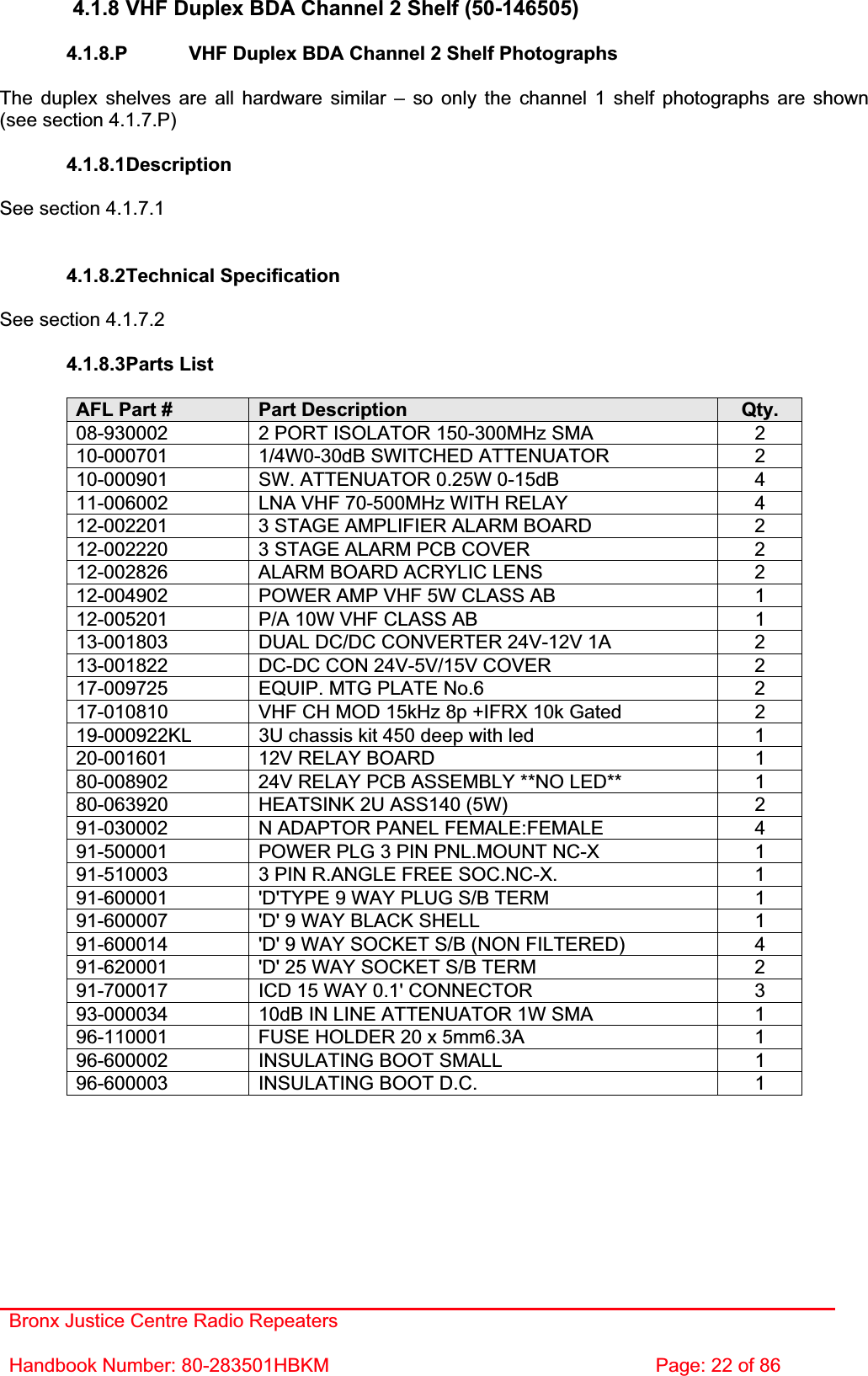 Bronx Justice Centre Radio Repeaters Handbook Number: 80-283501HBKM  Page: 22 of 86 4.1.8 VHF Duplex BDA Channel 2 Shelf (50-146505) 4.1.8.P  VHF Duplex BDA Channel 2 Shelf Photographs The duplex shelves are all hardware similar – so only the channel 1 shelf photographs are shown (see section 4.1.7.P) 4.1.8.1DescriptionSee section 4.1.7.1 4.1.8.2Technical Specification See section 4.1.7.2 4.1.8.3Parts List AFL Part #  Part Description  Qty. 08-930002  2 PORT ISOLATOR 150-300MHz SMA  2 10-000701  1/4W0-30dB SWITCHED ATTENUATOR  2 10-000901  SW. ATTENUATOR 0.25W 0-15dB  4 11-006002  LNA VHF 70-500MHz WITH RELAY  4 12-002201  3 STAGE AMPLIFIER ALARM BOARD  2 12-002220  3 STAGE ALARM PCB COVER  2 12-002826  ALARM BOARD ACRYLIC LENS  2 12-004902  POWER AMP VHF 5W CLASS AB  1 12-005201  P/A 10W VHF CLASS AB  1 13-001803  DUAL DC/DC CONVERTER 24V-12V 1A  2 13-001822  DC-DC CON 24V-5V/15V COVER  2 17-009725  EQUIP. MTG PLATE No.6  2 17-010810  VHF CH MOD 15kHz 8p +IFRX 10k Gated  2 19-000922KL  3U chassis kit 450 deep with led  1 20-001601  12V RELAY BOARD  1 80-008902  24V RELAY PCB ASSEMBLY **NO LED**  1 80-063920  HEATSINK 2U ASS140 (5W)  2 91-030002  N ADAPTOR PANEL FEMALE:FEMALE  4 91-500001  POWER PLG 3 PIN PNL.MOUNT NC-X  1 91-510003  3 PIN R.ANGLE FREE SOC.NC-X.  1 91-600001  &apos;D&apos;TYPE 9 WAY PLUG S/B TERM  1 91-600007  &apos;D&apos; 9 WAY BLACK SHELL  1 91-600014  &apos;D&apos; 9 WAY SOCKET S/B (NON FILTERED)  4 91-620001  &apos;D&apos; 25 WAY SOCKET S/B TERM  2 91-700017  ICD 15 WAY 0.1&apos; CONNECTOR  3 93-000034  10dB IN LINE ATTENUATOR 1W SMA  1 96-110001  FUSE HOLDER 20 x 5mm6.3A  1 96-600002  INSULATING BOOT SMALL  1 96-600003  INSULATING BOOT D.C.  1 