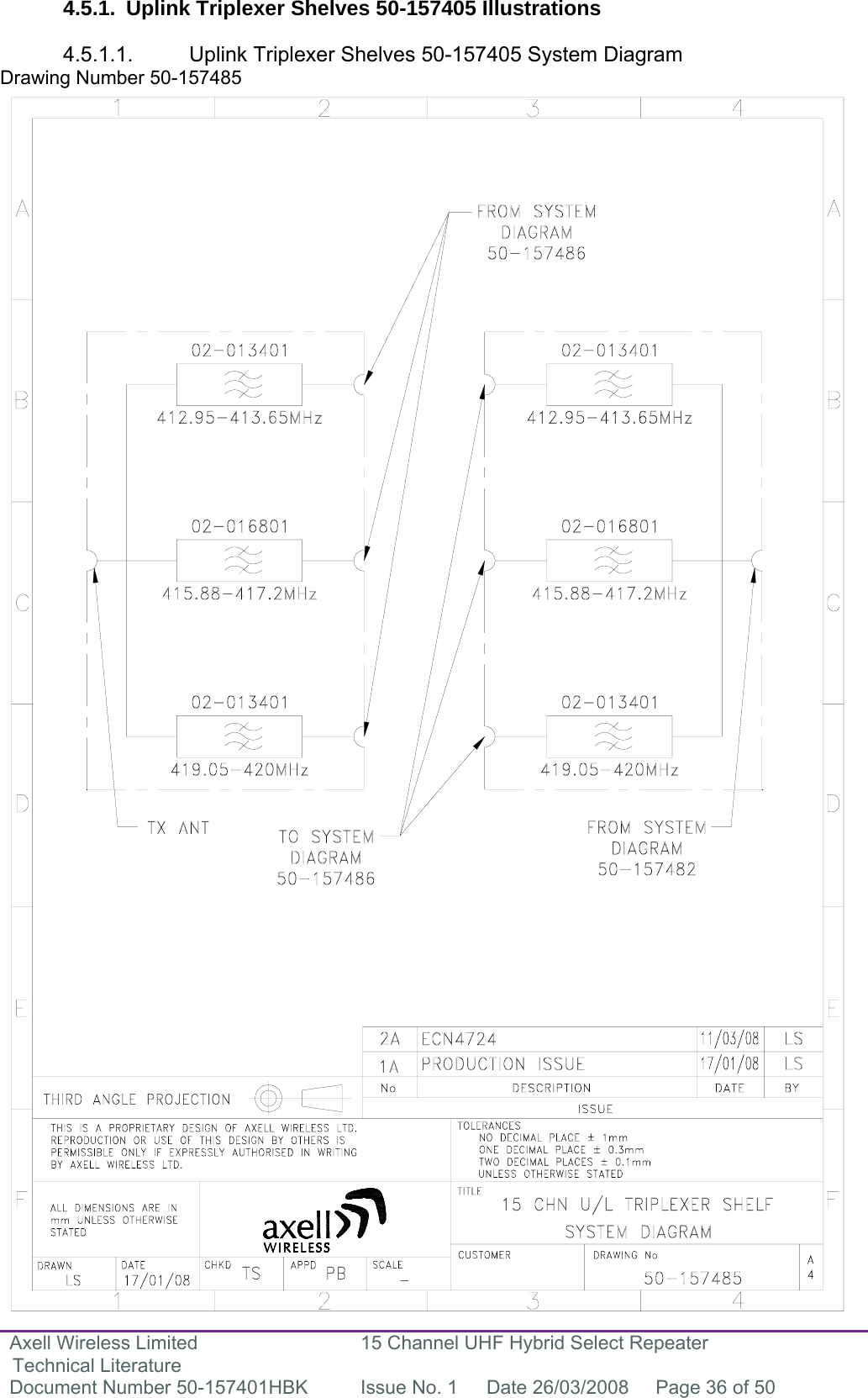 Axell Wireless Limited Technical Literature 15 Channel UHF Hybrid Select Repeater Document Number 50-157401HBK  Issue No. 1  Date 26/03/2008  Page 36 of 50  4.5.1.  Uplink Triplexer Shelves 50-157405 Illustrations  4.5.1.1.  Uplink Triplexer Shelves 50-157405 System Diagram  Drawing Number 50-157485                                                        