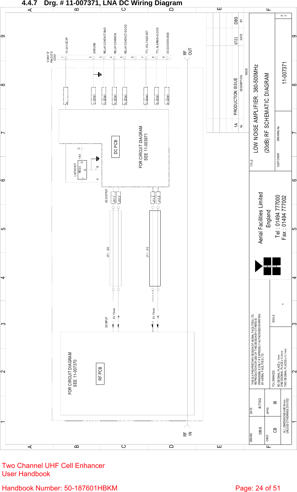  4.4.7  Drg. # 11-007371, LNA DC Wiring Diagram BYDAT EDESCRIP T IO NNoISSUE123456789ABCDEF1 23456789ABCDEFFax : 01494 777002Tel : 01494 777000Aerial Facilities LimitedTHIS IS A PROPRIETARY DESIG N OF AERIAL FACILITIES L TD.REPRODUCTION OR USE OF THIS DESIGN BY OTHERS ISPERM ISSIBL E O NL Y IF  EXPRESSL Y A UT HO RISED IN WRIT INGBY AERIAL  FACILITIES L TD.NO  DECIM AL  PL ACE ±  1 mmONE DECIMAL  PLACE ± 0 .3mmTWO DECIMAL  PLACES ± 0 .1mmALL  DIMENSIO NS ARE IN mmUNLESS O THERWISE STATEDCHKDDRAWN        APPDDAT ETO L ERANCES SCALEEnglandCUST O M ER                      DRAWING .NoTITLE3ALOW NOISE AMPLIFIER. 380-500MHz(20dB) RF SCHEMATIC DIAGRAM11-0073711A-DBS 8/7/02LM7808CTREG 3GIO-veJ1 1  -  J1 2DC INPUT DC O UTPUTRF PCBFOR CIRCUIT DIAGRAMSEE 11-007370SEE 11-003971FOR CIRCUIT DIAGRAMDC PCB+8V CBARFINPRODUCTION ISSUE8/7/02DBSOUTRFO C G O O D/0 v B AD9   CO N19REL AY CO NTACT  G O O DREL AY CO MM O NREL AY CO NTACT  BADPIN OUTS9 WAY &apos;D&apos;TTL  VOL TAGE SETTTL AL ARM/0v GO O DGROUND10-24V DC I/P7   CO N18   CO N15   CO N14   CO N168754A3   CO N12   CO N132CO N115V 75mA-veJ3 1  -  J3 2J31 1J32 2J12 2J11 15V 75mACB IB Two Channel UHF Cell Enhancer User Handbook Handbook Number: 50-187601HBKM  Page: 24 of 51  