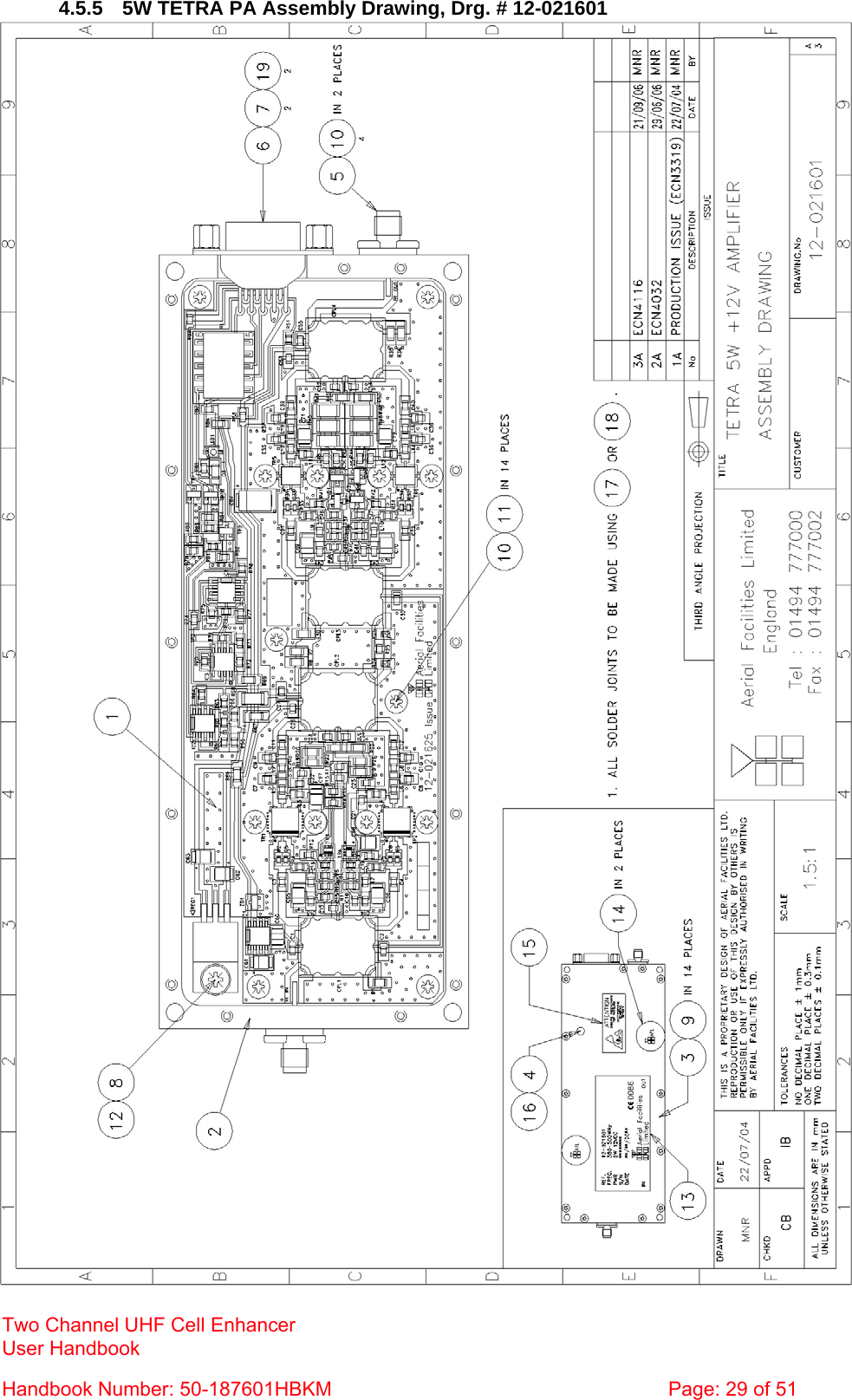  4.5.5  5W TETRA PA Assembly Drawing, Drg. # 12-021601  Two Channel UHF Cell Enhancer User Handbook Handbook Number: 50-187601HBKM  Page: 29 of 51  