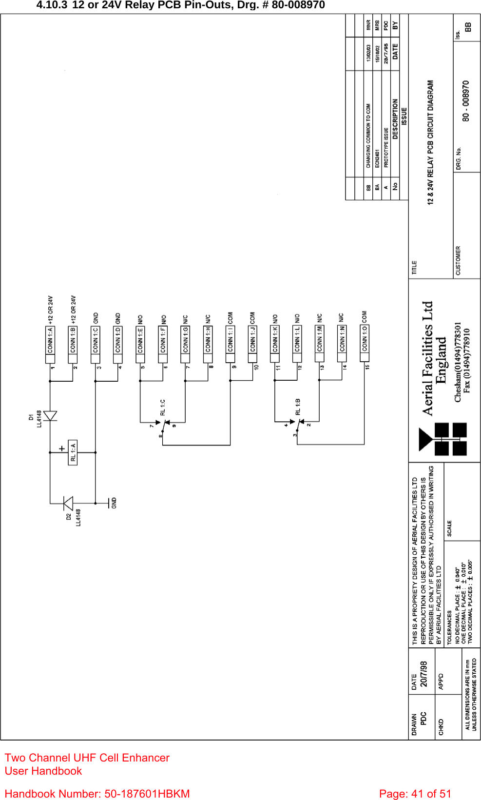 4.10.3 12 or 24V Relay PCB Pin-Outs, Drg. # 80-008970  Two Channel UHF Cell Enhancer User Handbook Handbook Number: 50-187601HBKM  Page: 41 of 51  