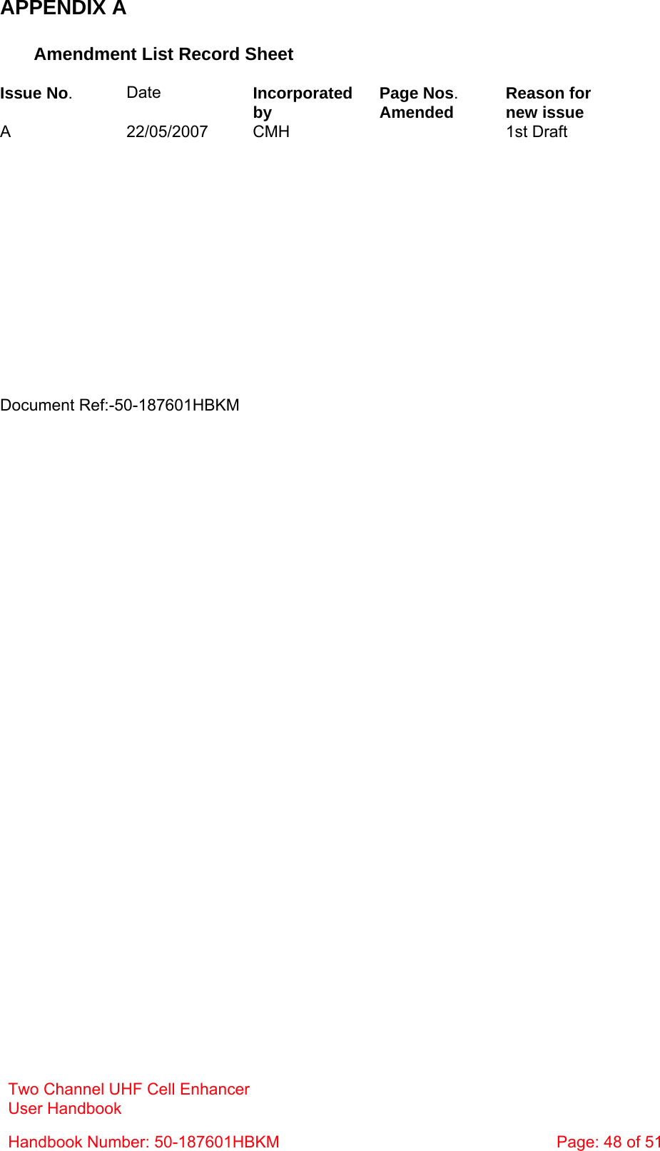 Two Channel UHF Cell Enhancer User Handbook Handbook Number: 50-187601HBKM  Page: 48 of 51   APPENDIX A  Amendment List Record Sheet  Issue No.  Date  Incorporated by Page Nos. Amended Reason for  new issue A 22/05/2007 CMH   1st Draft                               Document Ref:-50-187601HBKM    