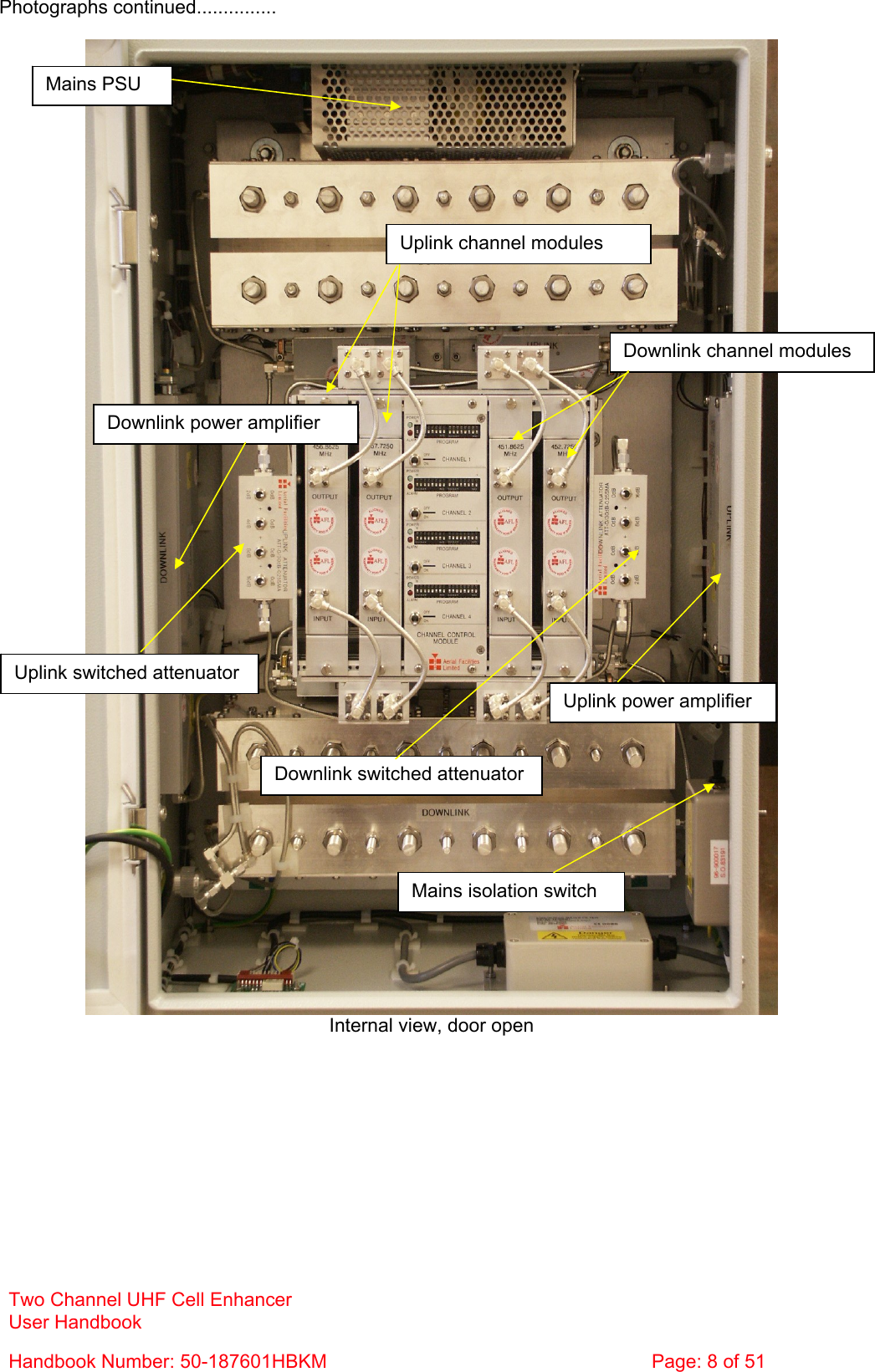 Photographs continued...............  Mains PSU Uplink channel modules Two Channel UHF Cell Enhancer User Handbook Handbook Number: 50-187601HBKM  Page: 8 of 51   Internal view, door open Downlink channel modules Downlink power amplifier Uplink switched attenuator Uplink power amplifier Downlink switched attenuator Mains isolation switch 