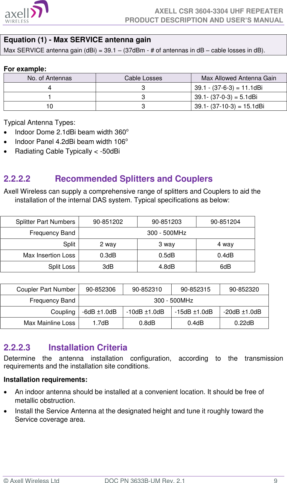  AXELL CSR 3604-3304 UHF REPEATER PRODUCT DESCRIPTION AND USER&rsquo;S MANUAL  &copy; Axell Wireless Ltd  DOC PN 3633B-UM Rev. 2.1  9 Equation (1) - Max SERVICE antenna gain Max SERVICE antenna gain (dBi) = 39.1 &ndash; (37dBm - # of antennas in dB &ndash; cable losses in dB).  For example: No. of Antennas Cable Losses Max Allowed Antenna Gain 4 3 39.1 - (37-6-3) = 11.1dBi 1 3 39.1- (37-0-3) = 5.1dBi 10 3 39.1- (37-10-3) = 15.1dBi  Typical Antenna Types:   Indoor Dome 2.1dBi beam width 360o   Indoor Panel 4.2dBi beam width 106o   Radiating Cable Typically < -50dBi   2.2.2.2           Recommended Splitters and Couplers Axell Wireless can supply a comprehensive range of splitters and Couplers to aid the installation of the internal DAS system. Typical specifications as below:  Splitter Part Numbers 90-851202 90-851203 90-851204 Frequency Band 300 - 500MHz Split 2 way 3 way 4 way Max Insertion Loss 0.3dB 0.5dB 0.4dB Split Loss 3dB 4.8dB 6dB  Coupler Part Number 90-852306 90-852310 90-852315 90-852320 Frequency Band  300 - 500MHz Coupling -6dB &plusmn;1.0dB -10dB &plusmn;1.0dB -15dB &plusmn;1.0dB -20dB &plusmn;1.0dB Max Mainline Loss 1.7dB 0.8dB 0.4dB 0.22dB  2.2.2.3  Installation Criteria Determine  the  antenna  installation  configuration,  according  to  the  transmission requirements and the installation site conditions. Installation requirements:   An indoor antenna should be installed at a convenient location. It should be free of metallic obstruction.   Install the Service Antenna at the designated height and tune it roughly toward the Service coverage area.     