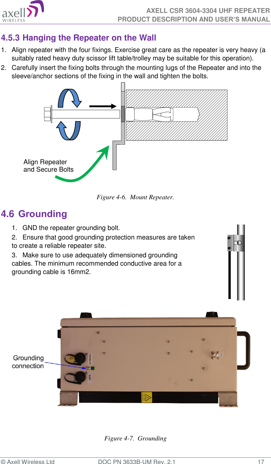  AXELL CSR 3604-3304 UHF REPEATER PRODUCT DESCRIPTION AND USER&rsquo;S MANUAL  &copy; Axell Wireless Ltd  DOC PN 3633B-UM Rev. 2.1  17 4.5.3 Hanging the Repeater on the Wall 1.  Align repeater with the four fixings. Exercise great care as the repeater is very heavy (a suitably rated heavy duty scissor lift table/trolley may be suitable for this operation).  2.   Carefully insert the fixing bolts through the mounting lugs of the Repeater and into the sleeve/anchor sections of the fixing in the wall and tighten the bolts.    Figure 4-6.  Mount Repeater. 4.6 Grounding 1.  GND the repeater grounding bolt. 2.  Ensure that good grounding protection measures are taken to create a reliable repeater site.  3.  Make sure to use adequately dimensioned grounding cables. The minimum recommended conductive area for a grounding cable is 16mm2.           Figure 4-7.  Grounding Align Repeater and Secure Bolts 